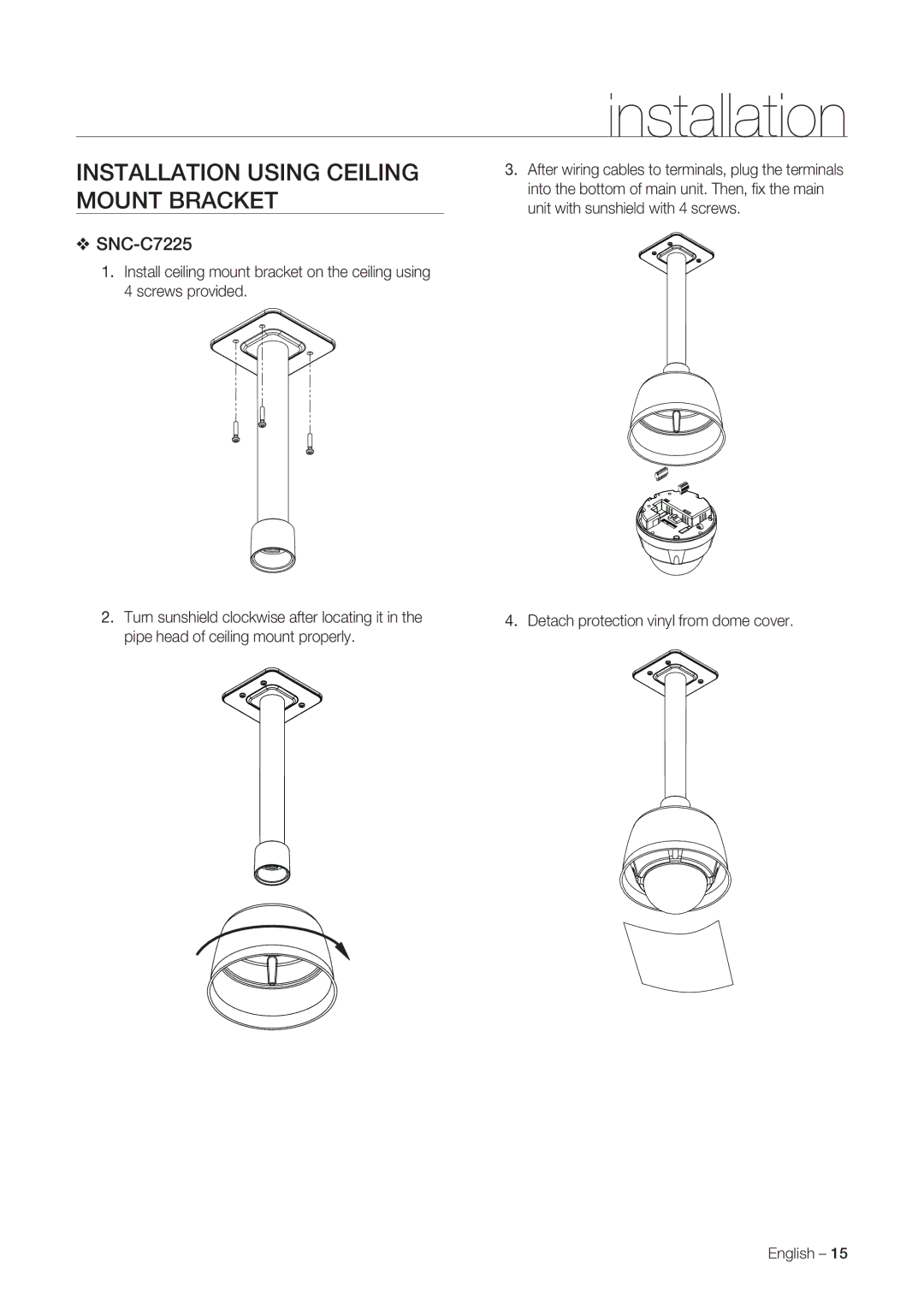 Samsung SNC-C7225P, SNC-C6225P manual Installation Using Ceiling Mount Bracket 