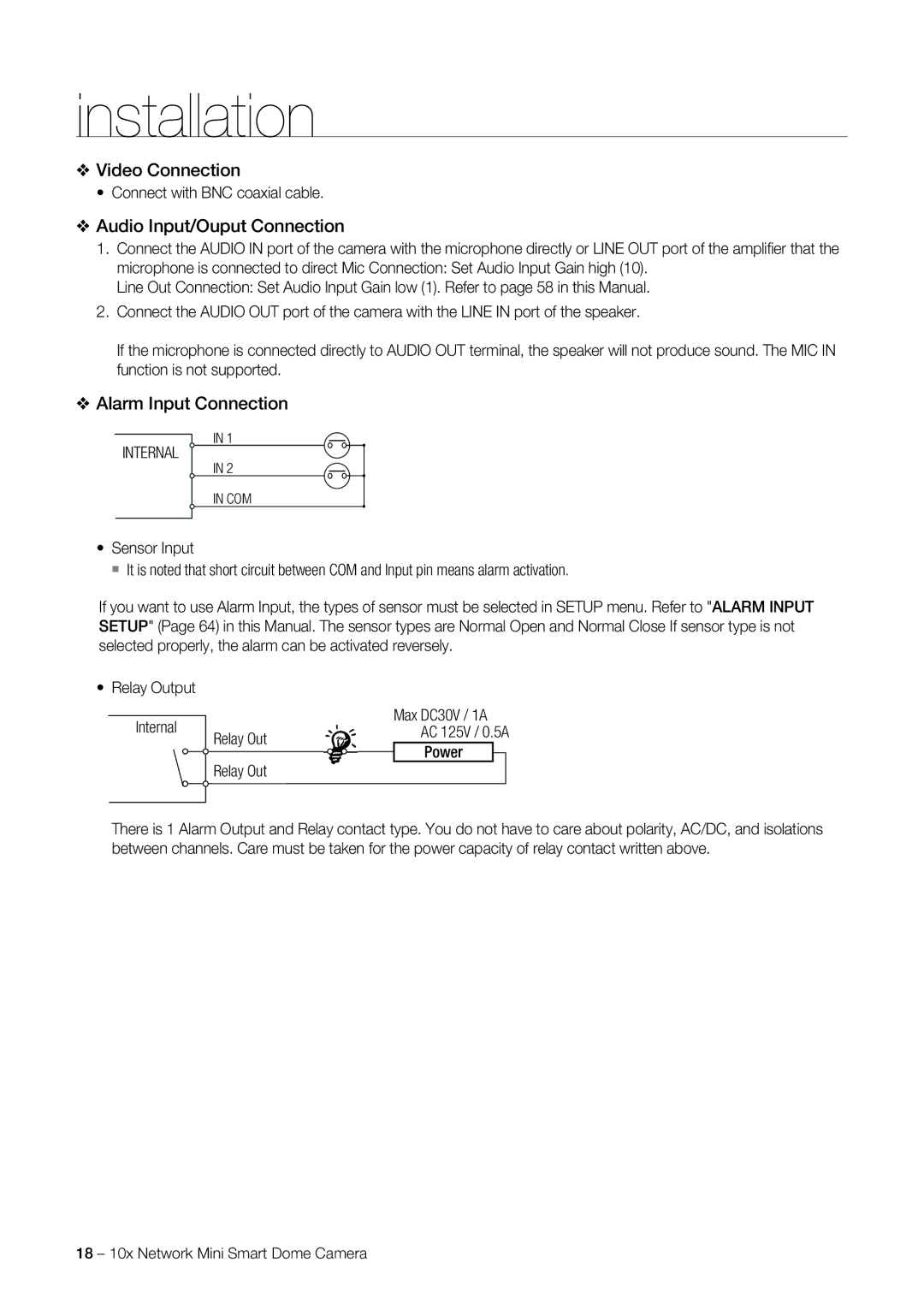 Samsung SNC-C6225P, SNC-C7225P manual Video Connection, Audio Input/Ouput Connection, Alarm Input Connection, Internal 