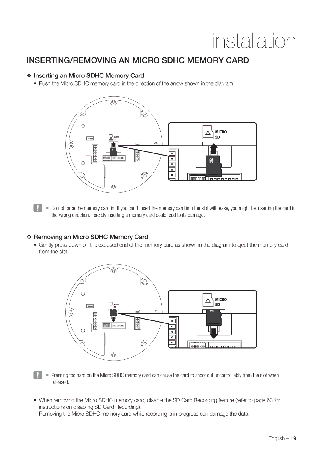 Samsung SNC-C7225P, SNC-C6225P manual INSERTING/REMOVING AN Micro Sdhc Memory Card, Inserting an Micro Sdhc Memory Card 