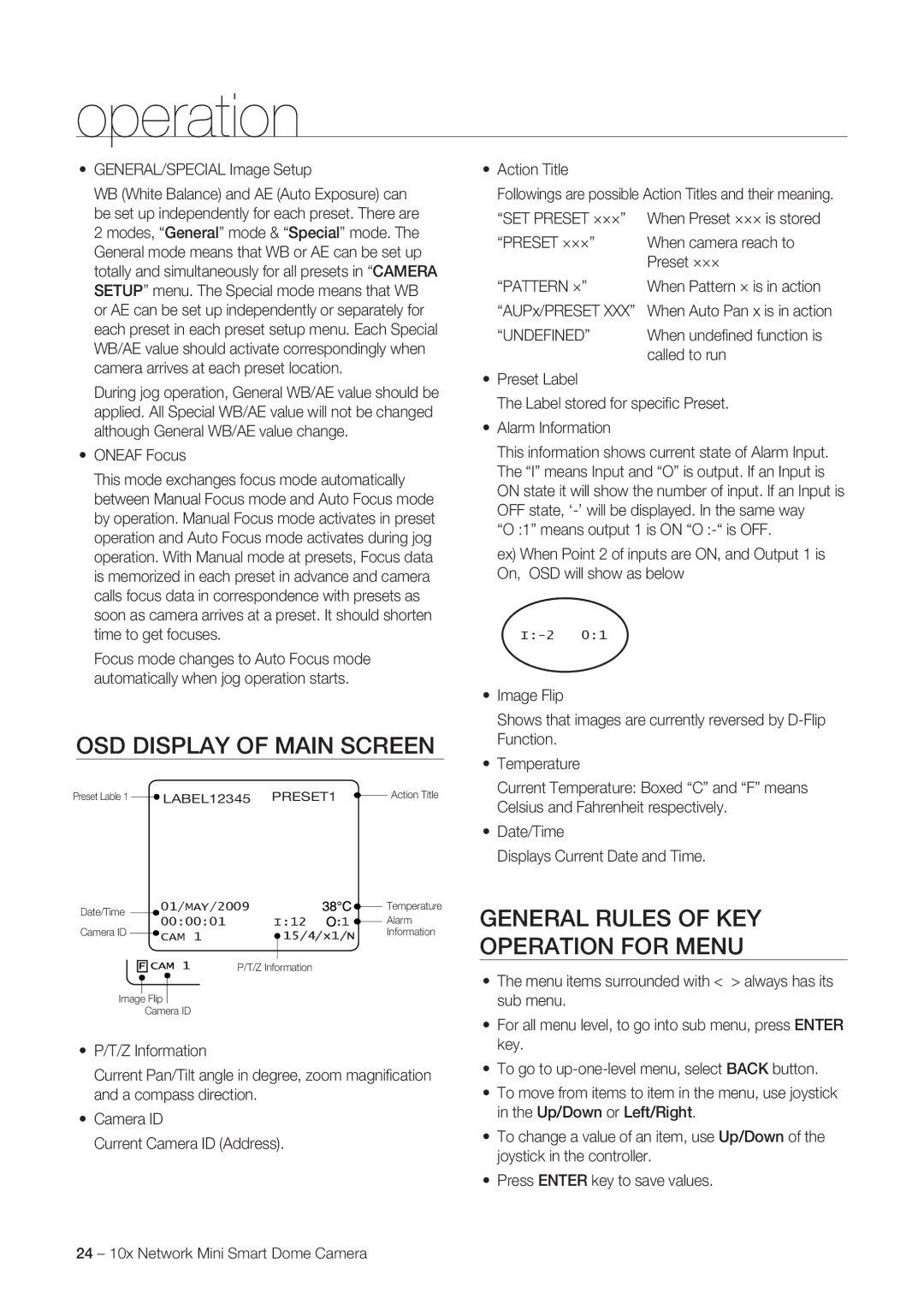 Samsung SNC-C6225P manual OSD Display of Main Screen, General Rules of KEY Operation for Menu, SET Preset ×××, Pattern × 