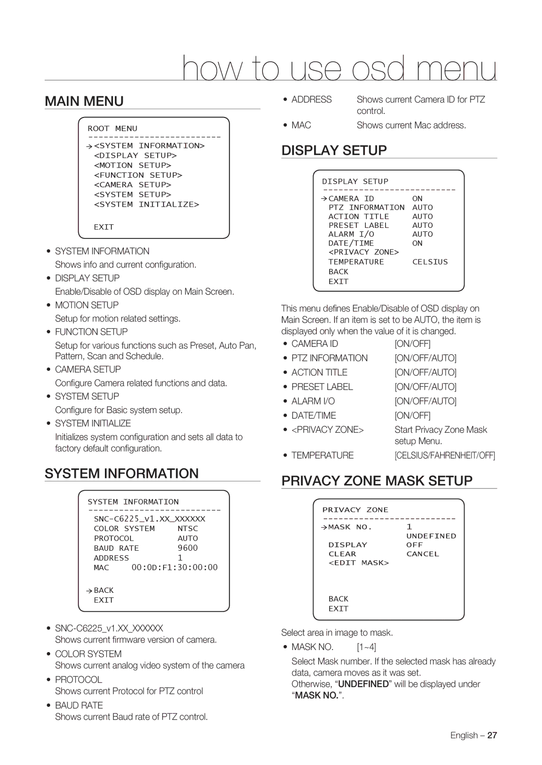 Samsung SNC-C7225P, SNC-C6225P manual Main Menu, System Information, Display Setup, Privacy Zone Mask Setup 