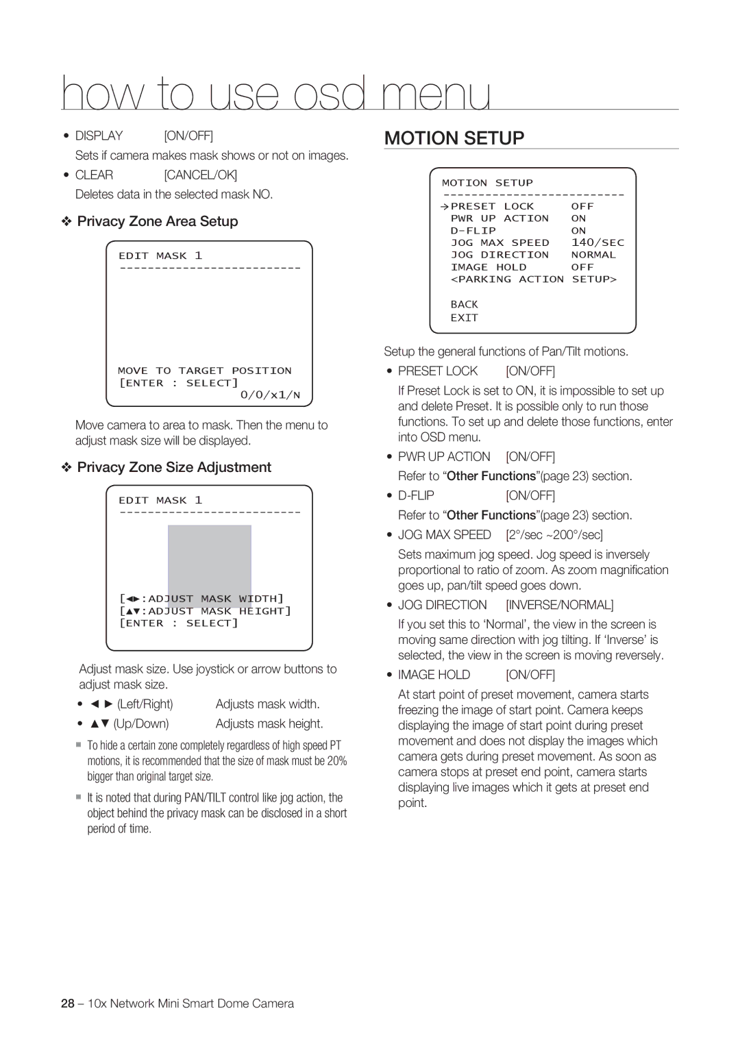 Samsung SNC-C6225P, SNC-C7225P manual Motion Setup, Privacy Zone Area Setup, Privacy Zone Size Adjustment 