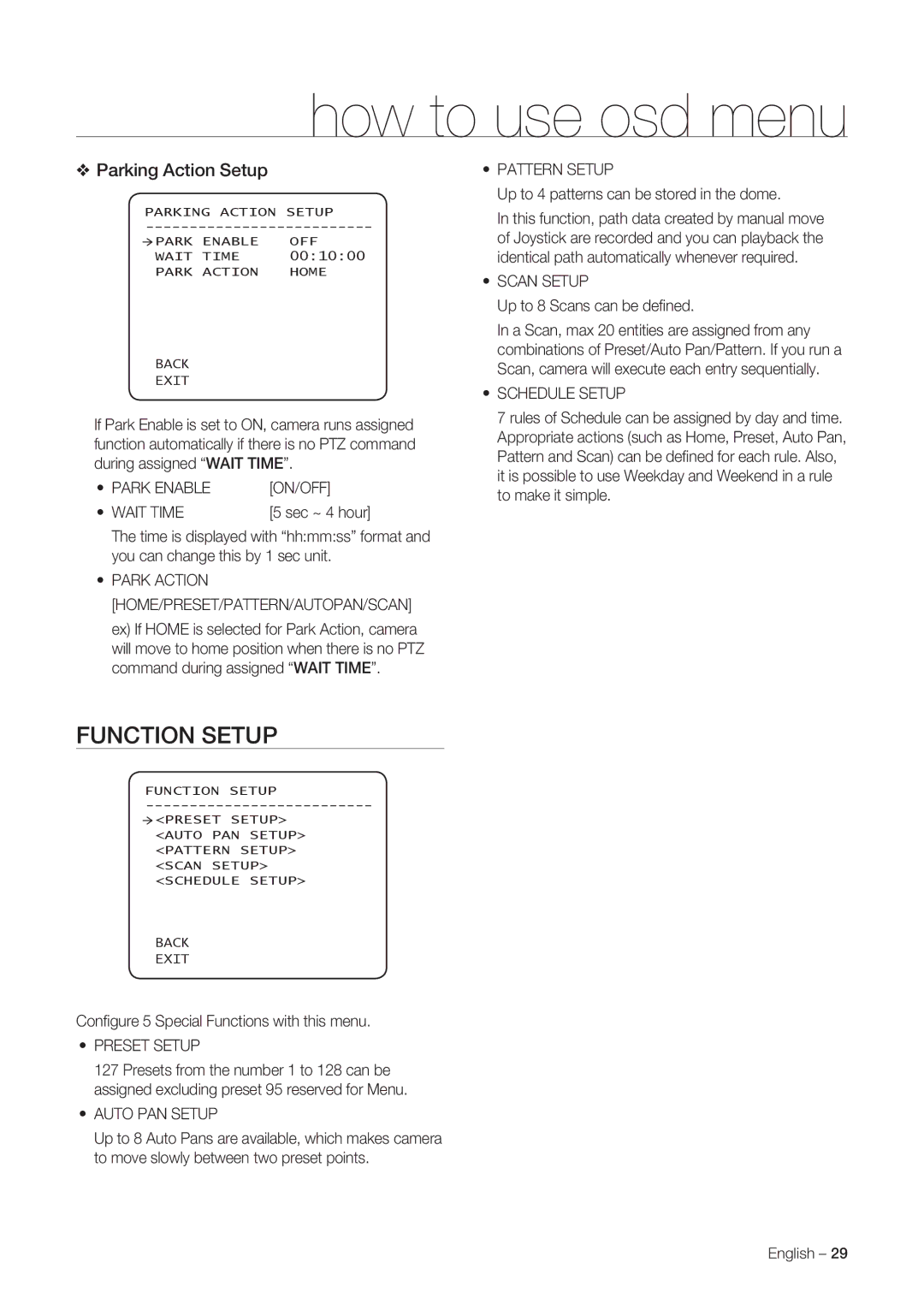 Samsung SNC-C7225P, SNC-C6225P manual Function Setup, Parking Action Setup 