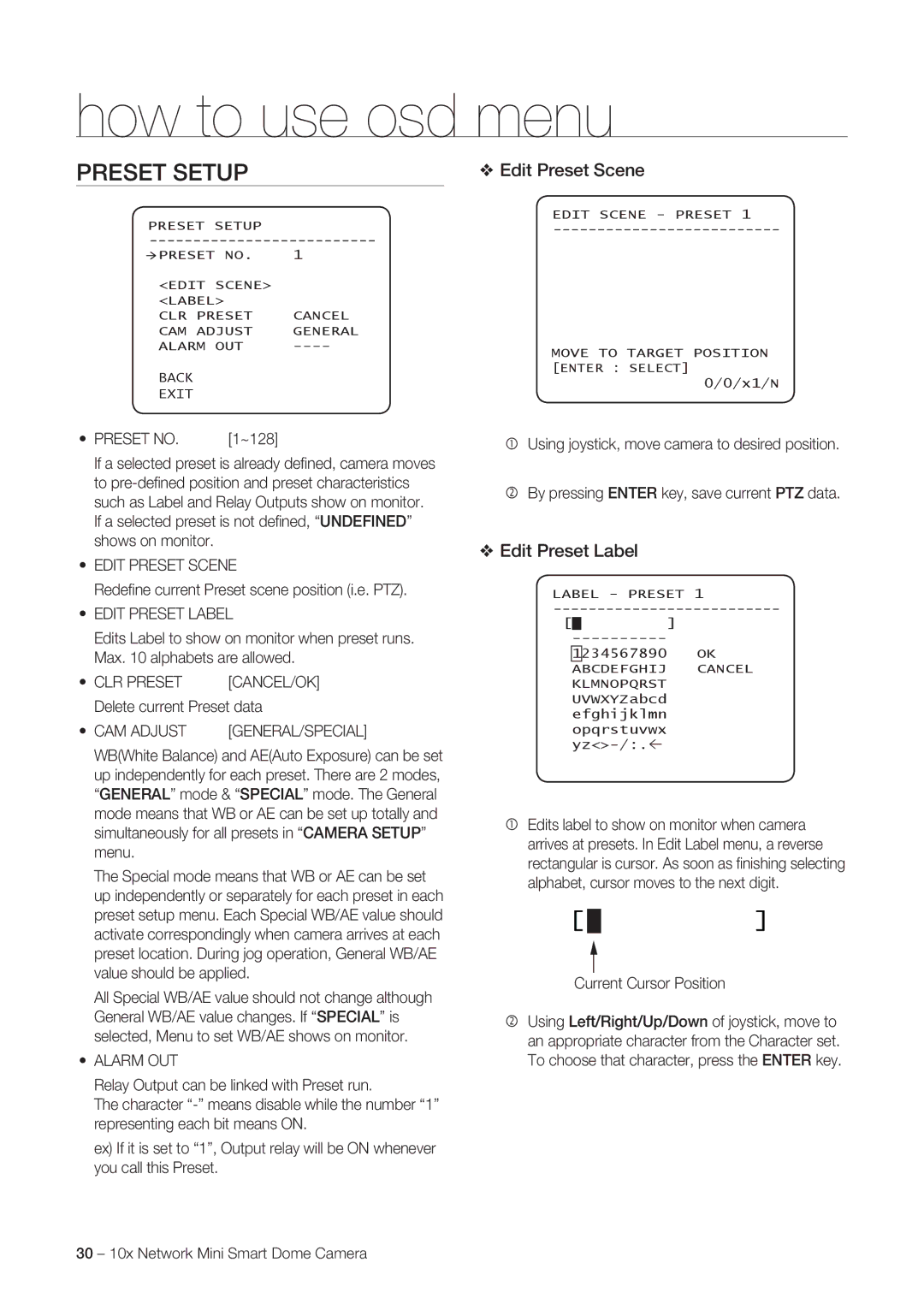 Samsung SNC-C6225P, SNC-C7225P manual Preset Setup, Edit Preset Scene, Edit Preset Label 