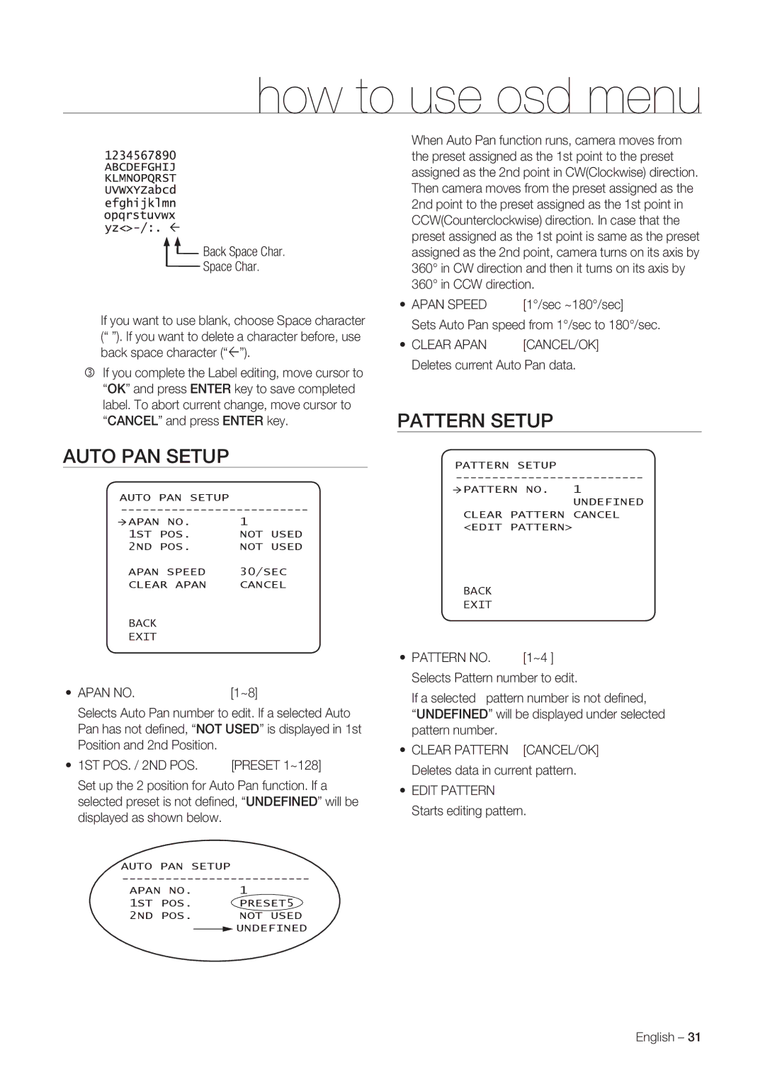 Samsung SNC-C7225P, SNC-C6225P manual Auto PAN Setup, Pattern Setup 