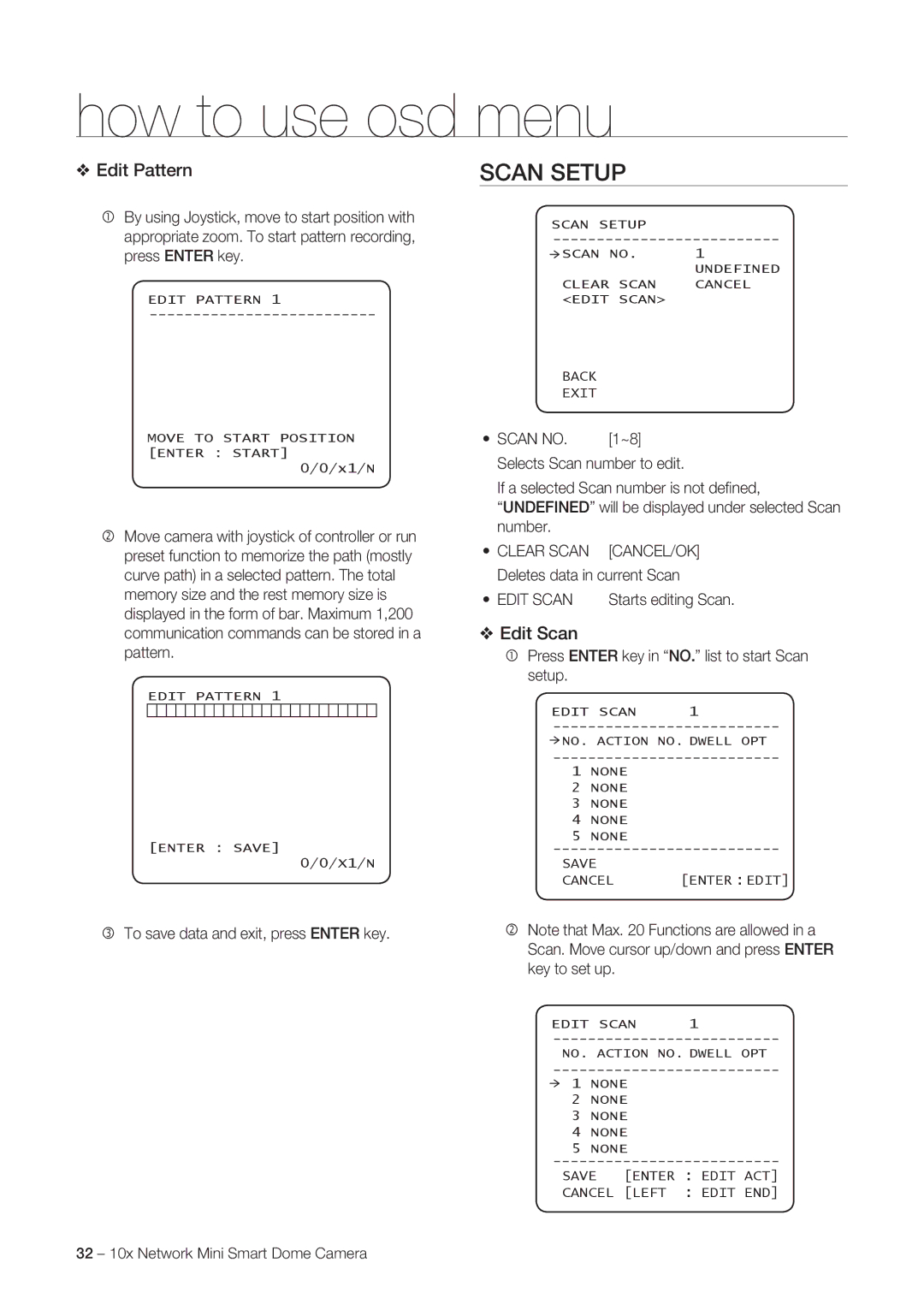 Samsung SNC-C6225P, SNC-C7225P manual Scan Setup, Edit Pattern, Edit Scan 