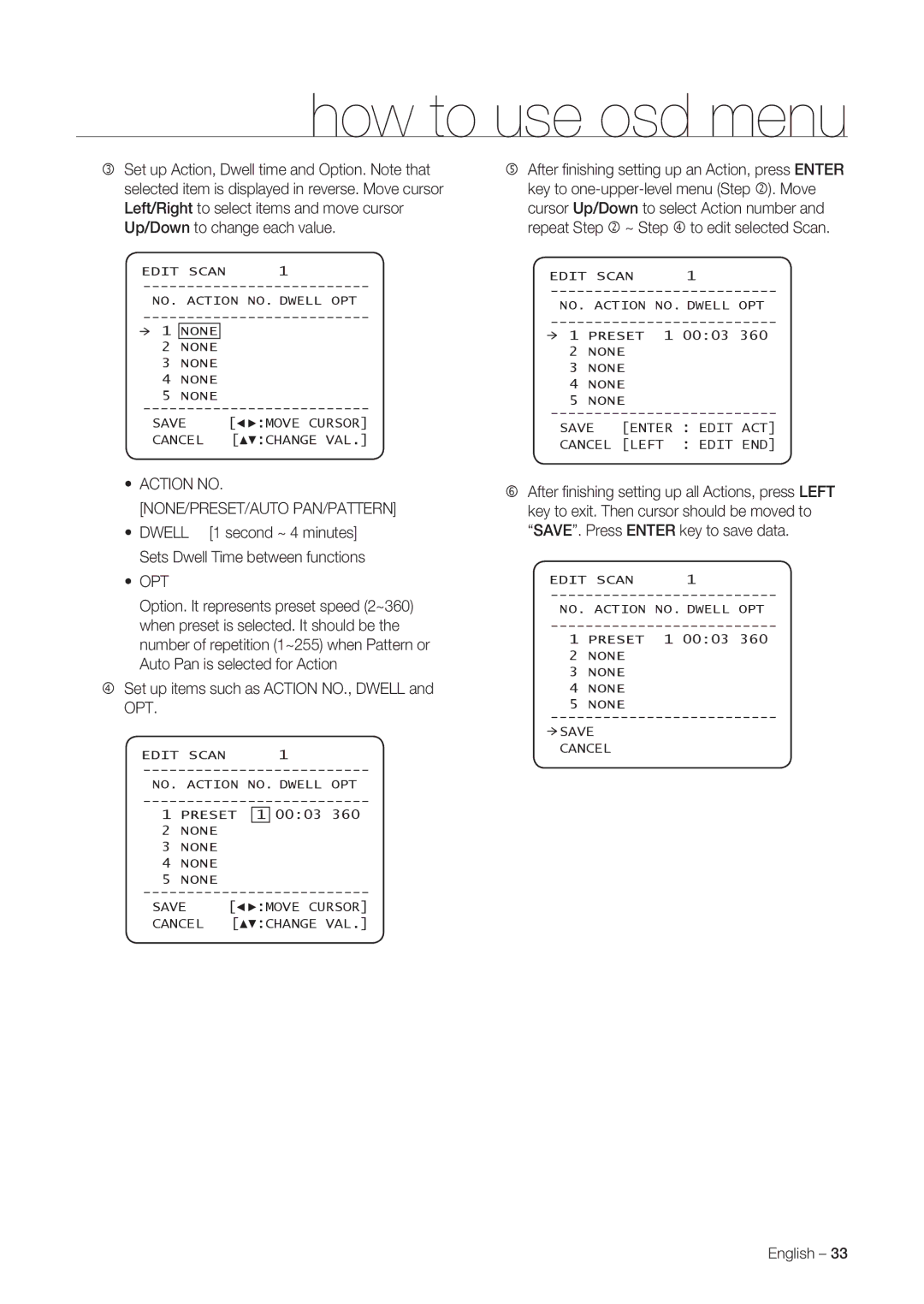 Samsung SNC-C7225P, SNC-C6225P Action no NONE/PRESET/AUTO PAN/PATTERN, Opt, Set up items such as Action NO., Dwell and OPT 