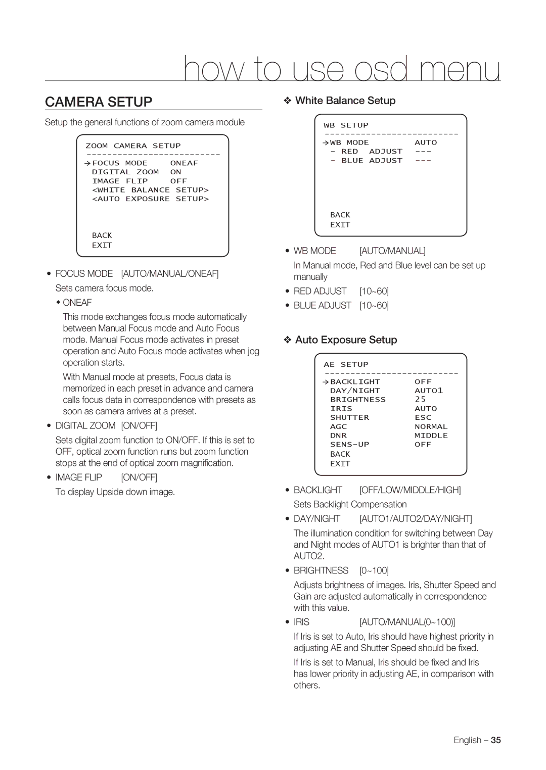 Samsung SNC-C7225P, SNC-C6225P manual Camera Setup, White Balance Setup, Auto Exposure Setup 