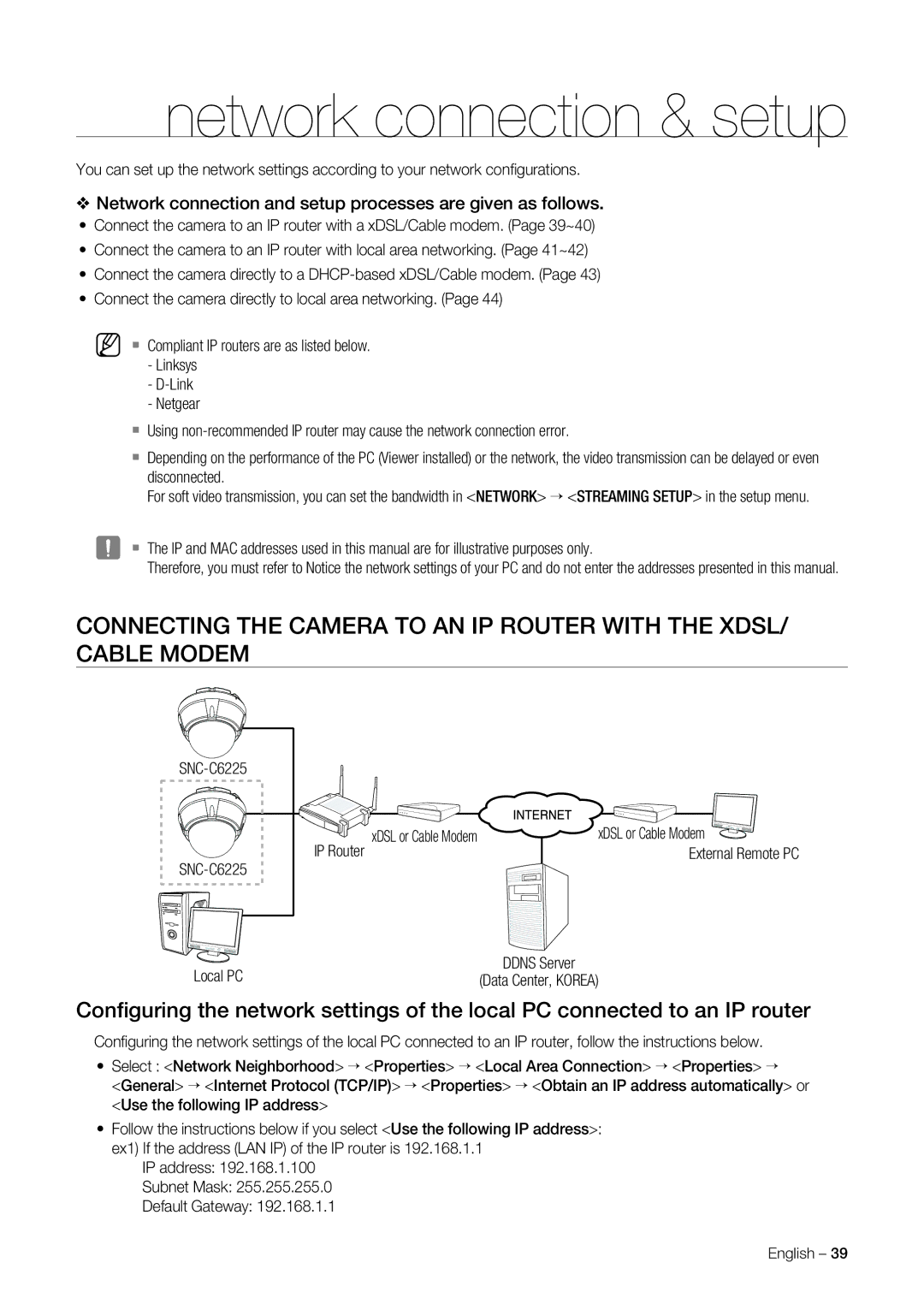 Samsung SNC-C7225P manual Network connection & setup, Network connection and setup processes are given as follows, Local PC 