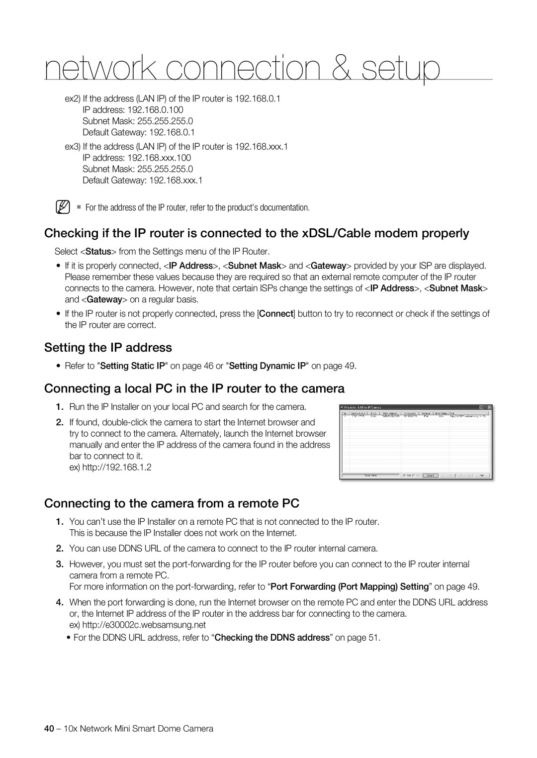 Samsung SNC-C6225P, SNC-C7225P manual Setting the IP address 