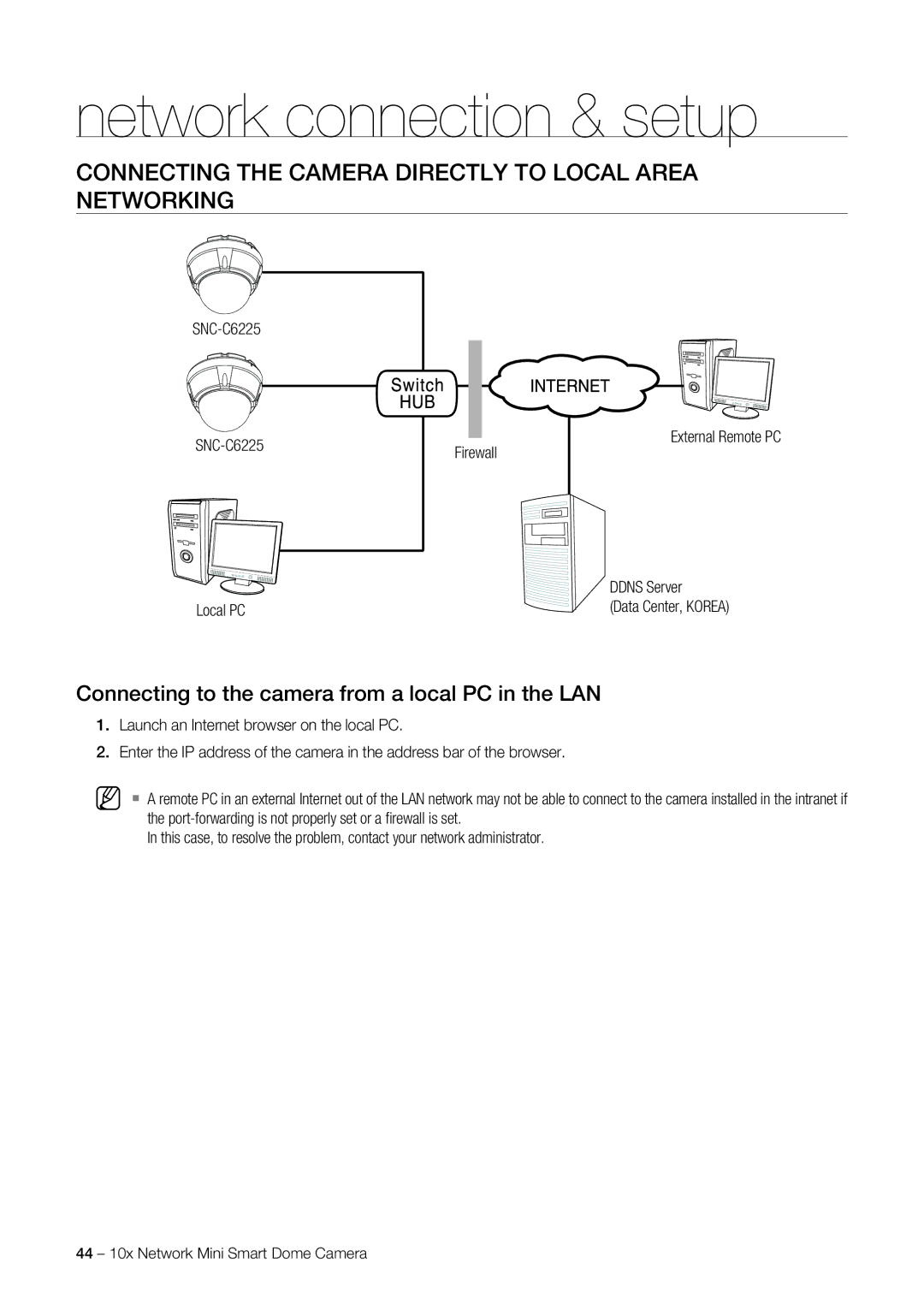 Samsung SNC-C6225P, SNC-C7225P manual Connecting the Camera Directly to Local Area Networking 