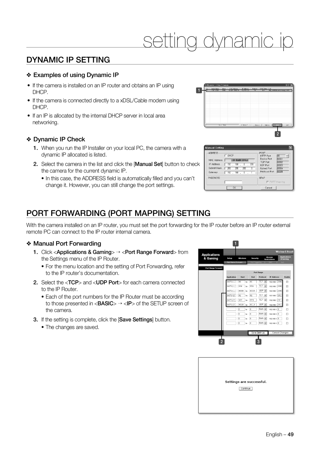 Samsung SNC-C7225P manual Setting dynamic ip, Dynamic IP Setting, Port Forwarding Port Mapping Setting, Dynamic IP Check 