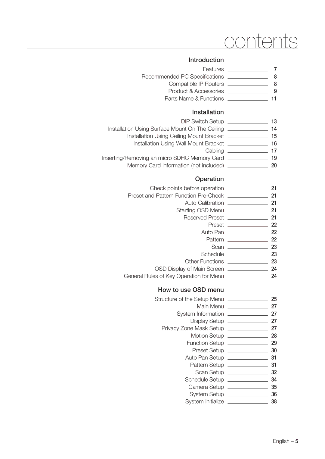 Samsung SNC-C7225P, SNC-C6225P manual Contents 