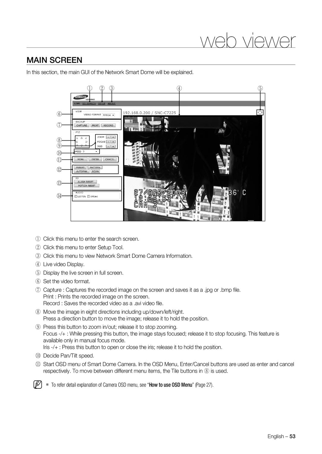 Samsung SNC-C7225P, SNC-C6225P manual Web viewer, Main Screen 