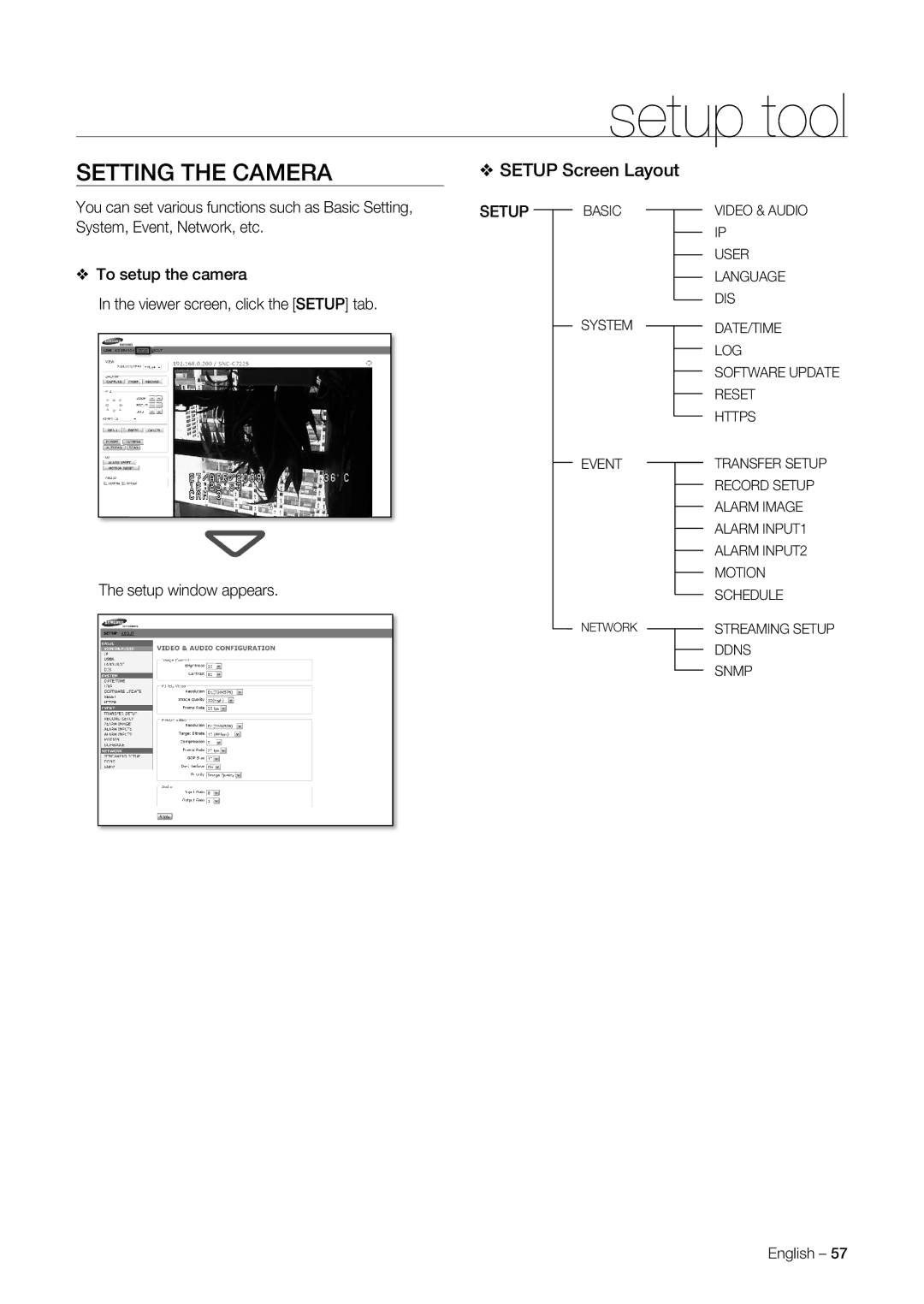 Samsung SNC-C7225P, SNC-C6225P manual Setup tool, Setting the Camera, Setup Screen Layout 