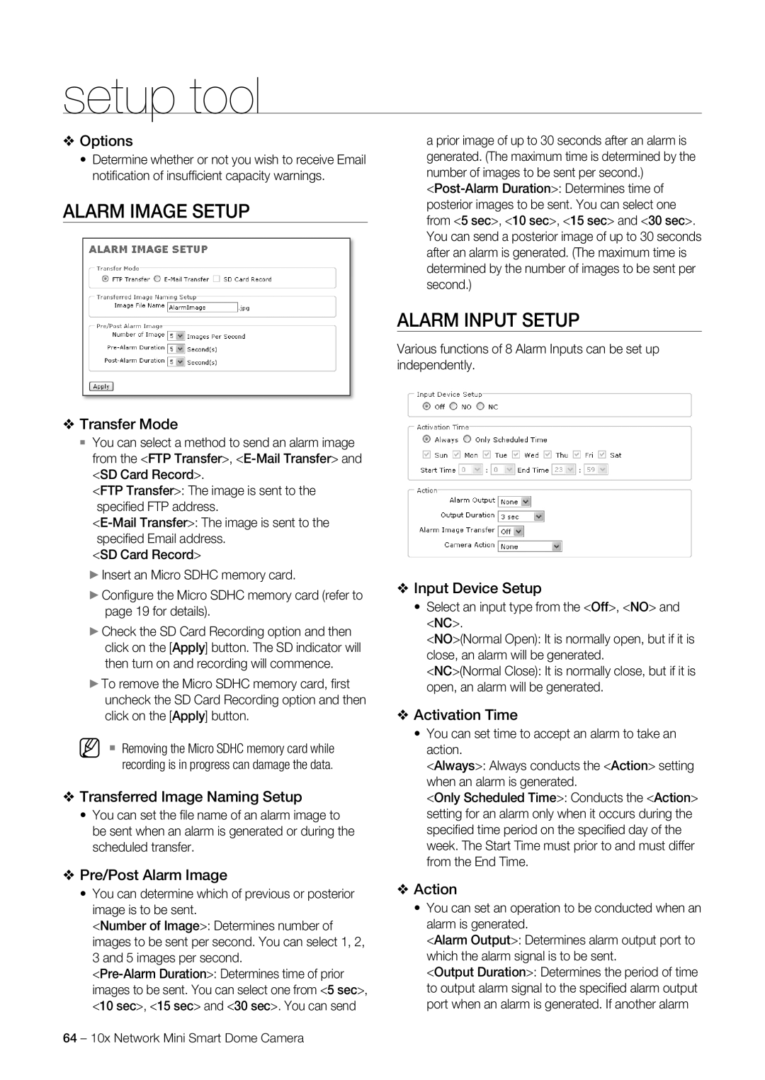 Samsung SNC-C6225P, SNC-C7225P manual Alarm Image Setup, Alarm Input Setup 