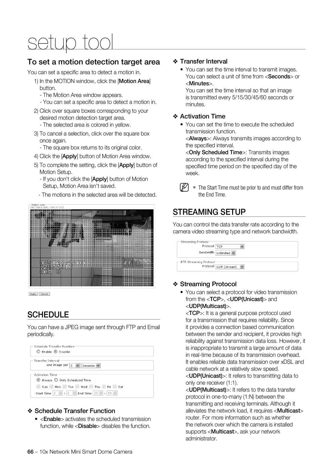 Samsung SNC-C6225P, SNC-C7225P manual Streaming Setup, Schedule Transfer Function, Transfer Interval, Streaming Protocol 