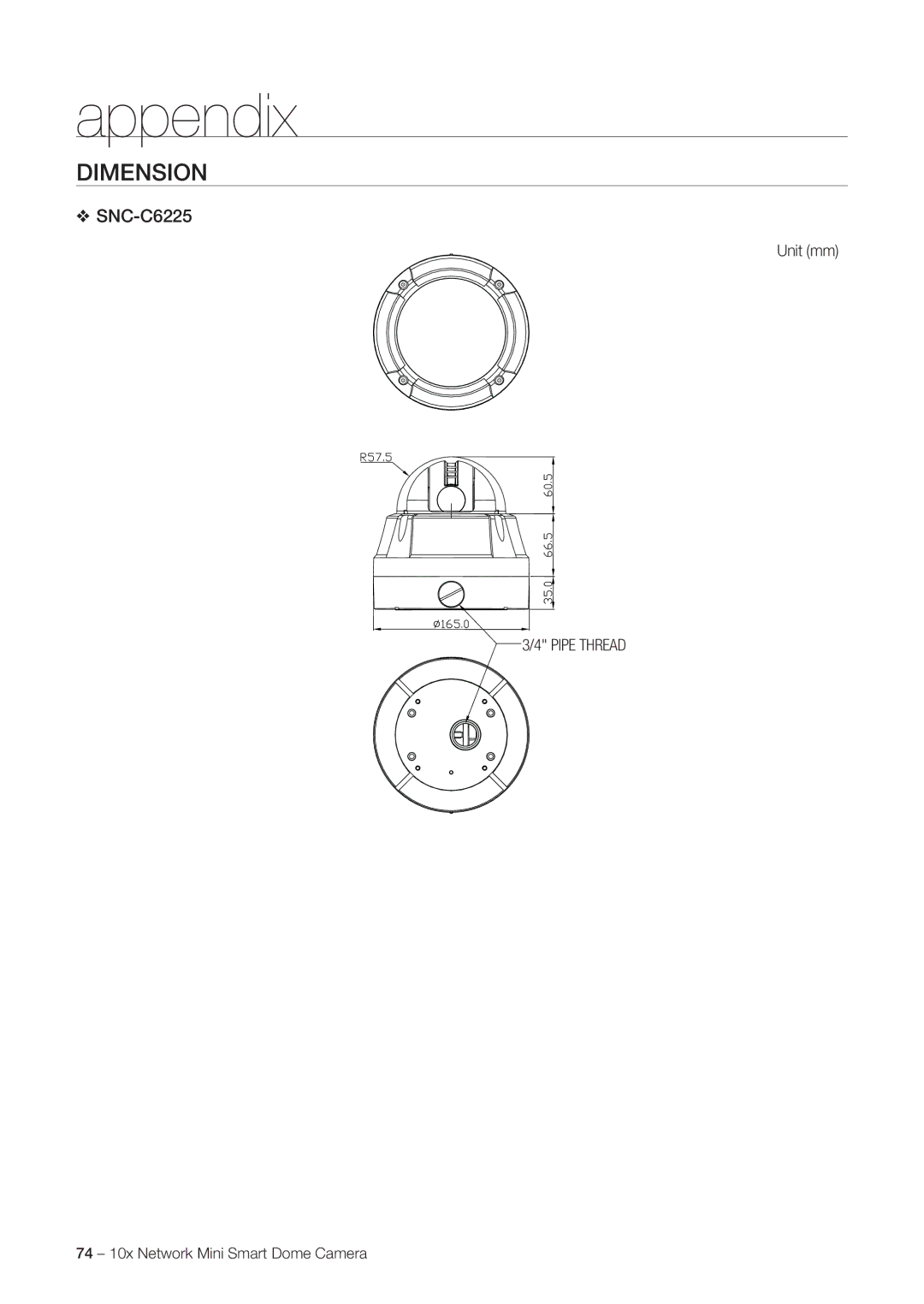 Samsung SNC-C6225P, SNC-C7225P manual Dimension, Unit mm, Pipe Thread 