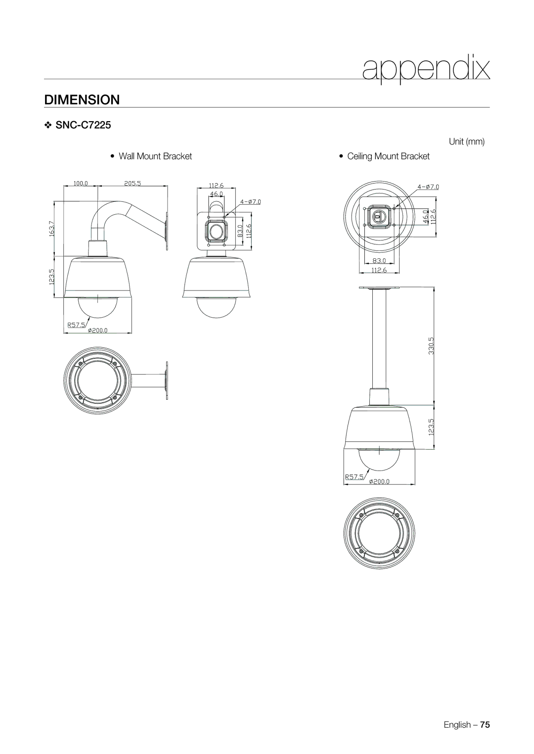 Samsung SNC-C7225P, SNC-C6225P manual Unit mm Wall Mount Bracket 