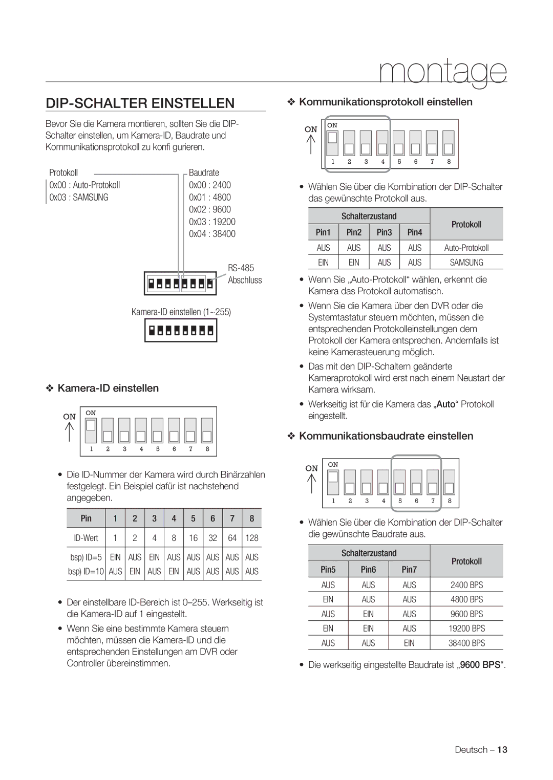Samsung SNC-C7225P, SNC-C6225P Montage, DIP-SCHALTER Einstellen, Kamera-ID einstellen, Kommunikationsprotokoll einstellen 