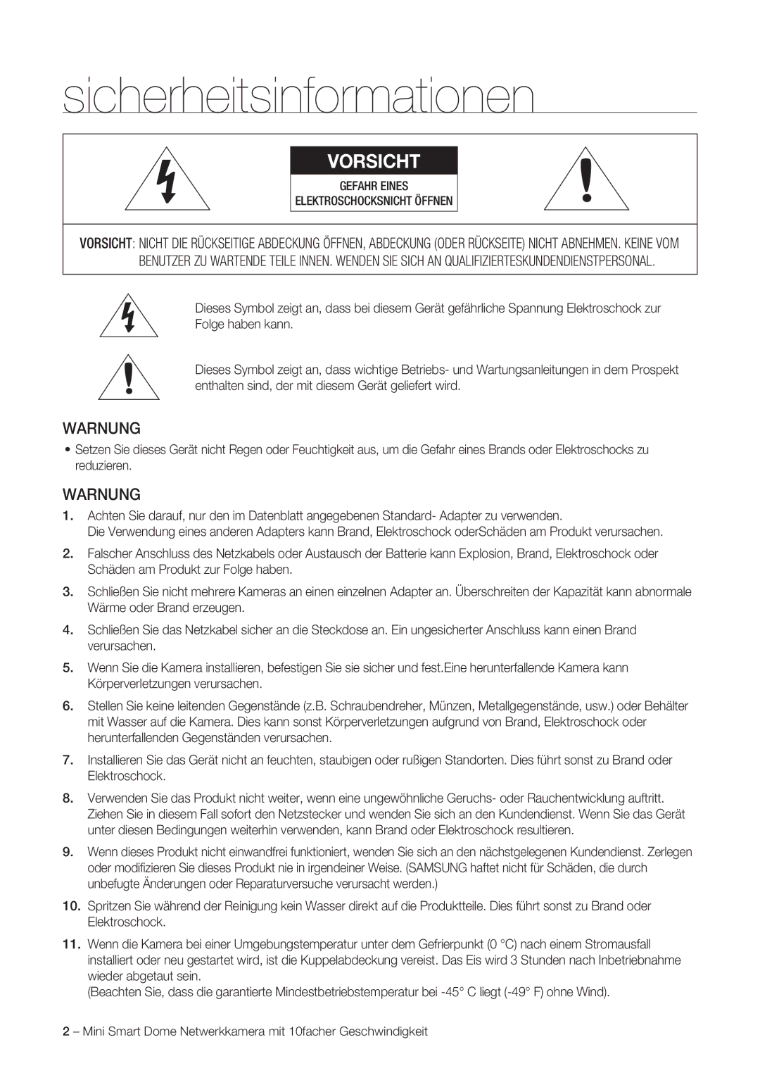 Samsung SNC-C6225P, SNC-C7225P manual Sicherheitsinformationen, Vorsicht 