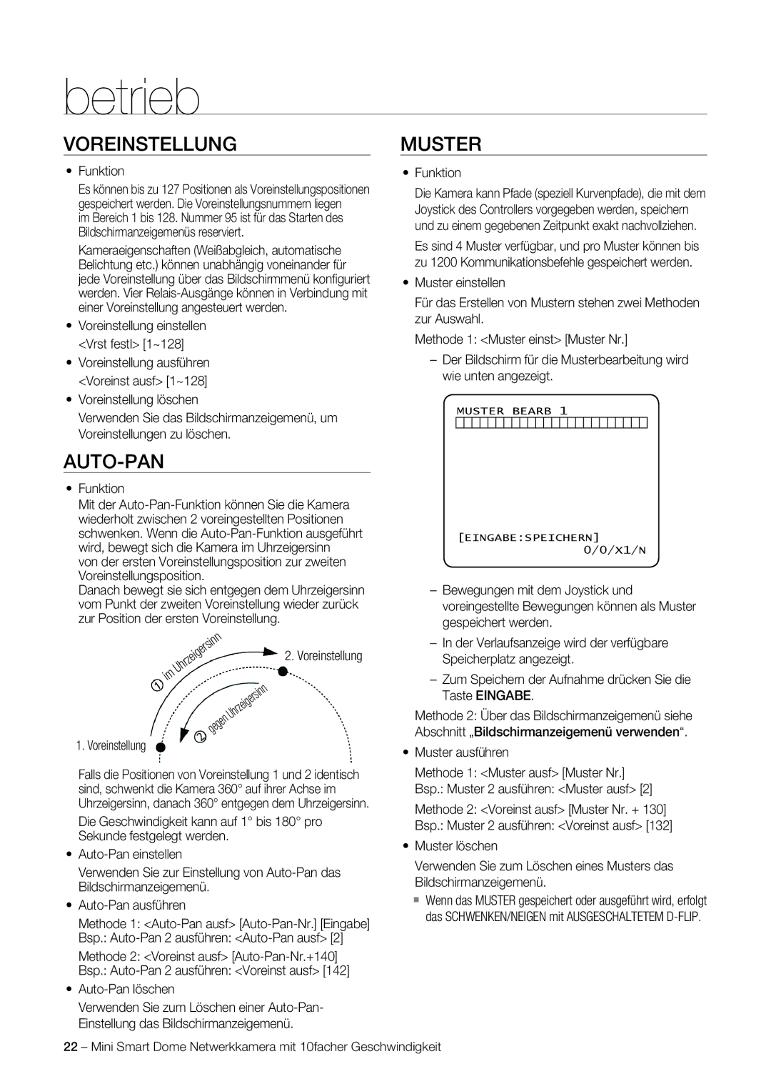 Samsung SNC-C6225P, SNC-C7225P manual Voreinstellung, Auto-Pan, Muster 