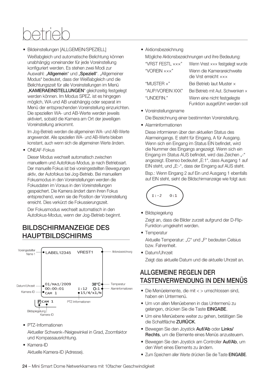 Samsung SNC-C6225P, SNC-C7225P manual Bildschirmanzeige DES Hauptbildschirms, Vrst Festl ×××, Muster ×, Aup/Vorein, Undefin 