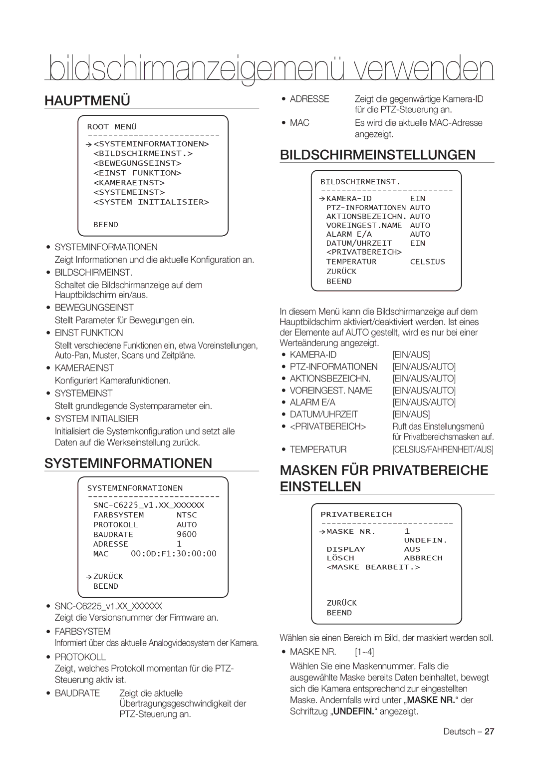 Samsung SNC-C7225P manual Hauptmenü, Bildschirmeinstellungen, Systeminformationen, Masken FÜR Privatbereiche Einstellen 