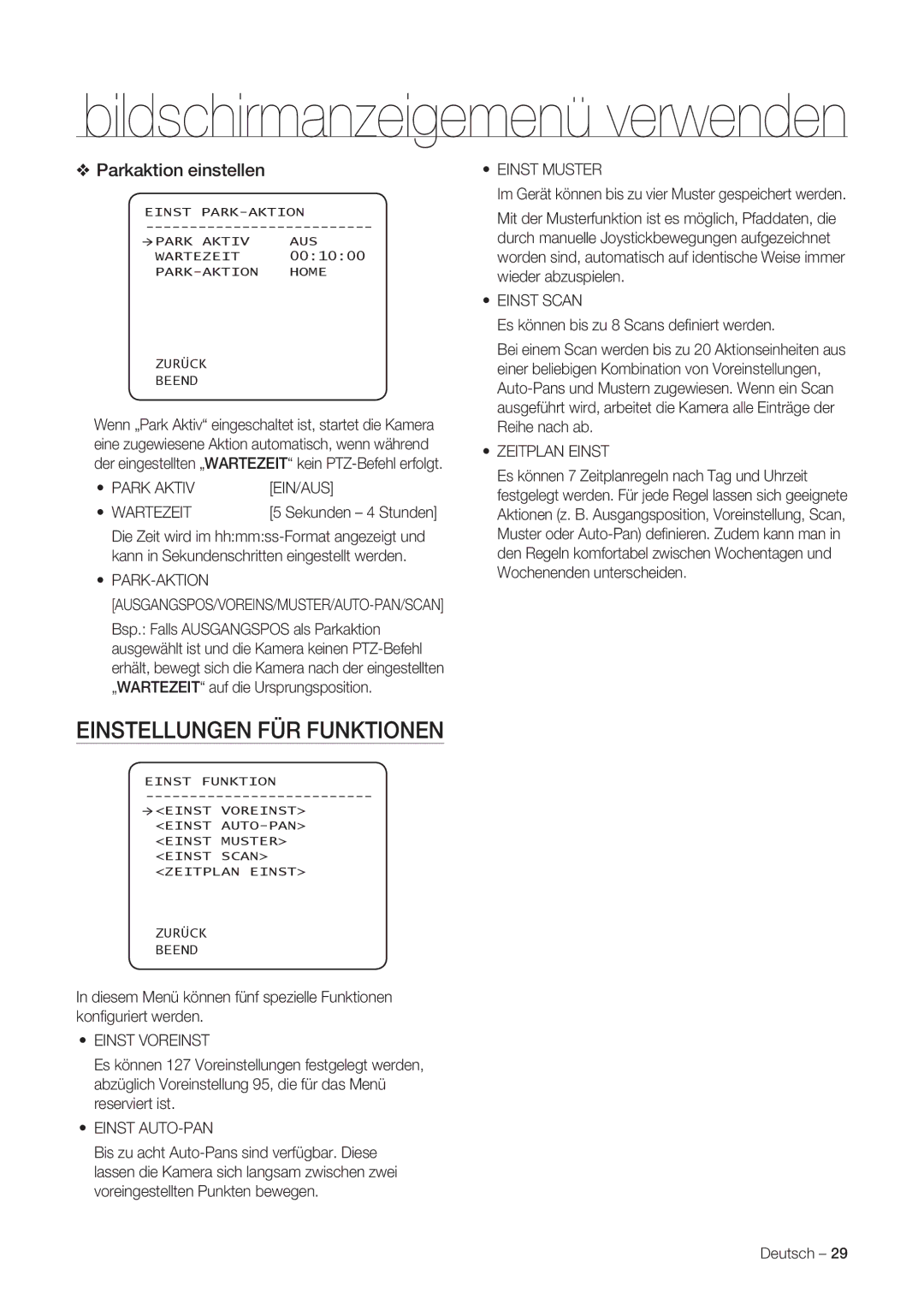 Samsung SNC-C7225P, SNC-C6225P manual Einstellungen FÜR Funktionen, Parkaktion einstellen 