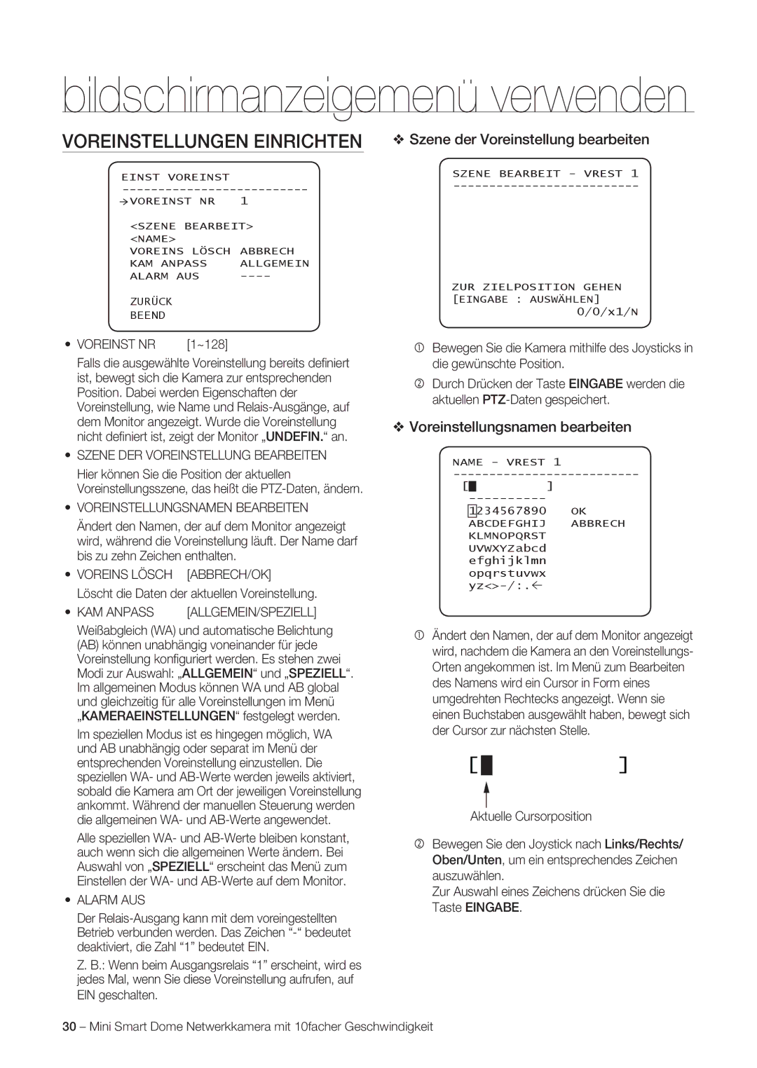 Samsung SNC-C6225P manual Voreinstellungen Einrichten, Szene der Voreinstellung bearbeiten, Voreinstellungsnamen bearbeiten 