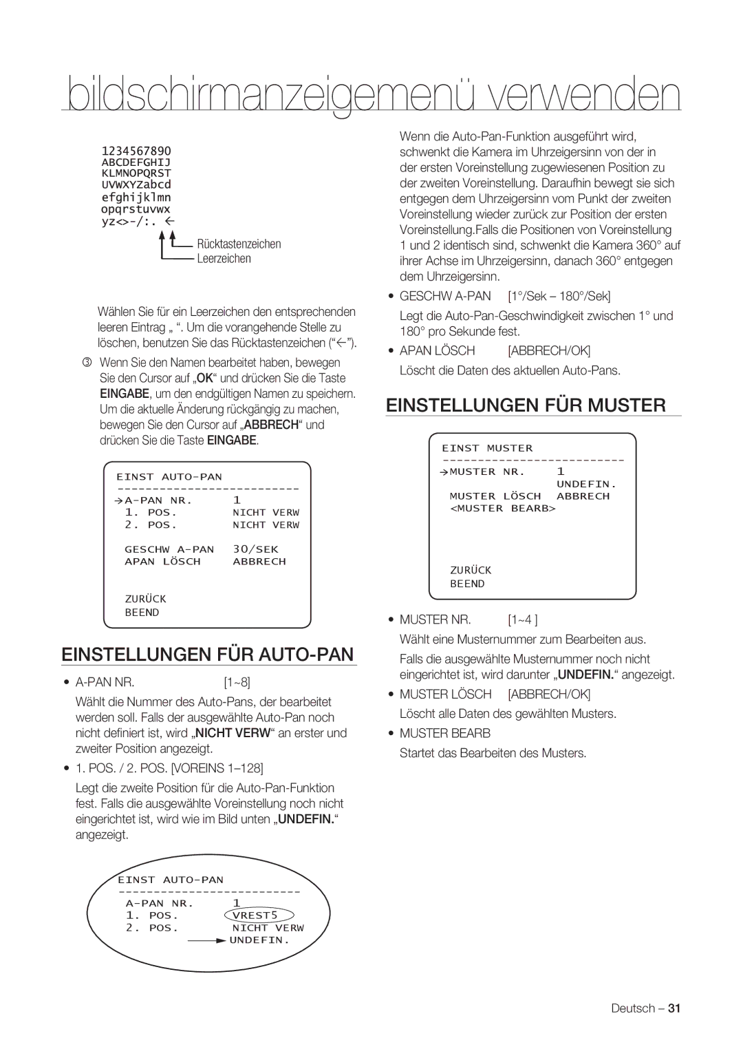 Samsung SNC-C7225P, SNC-C6225P manual Einstellungen FÜR Muster, Einstellungen FÜR AUTO-PAN 