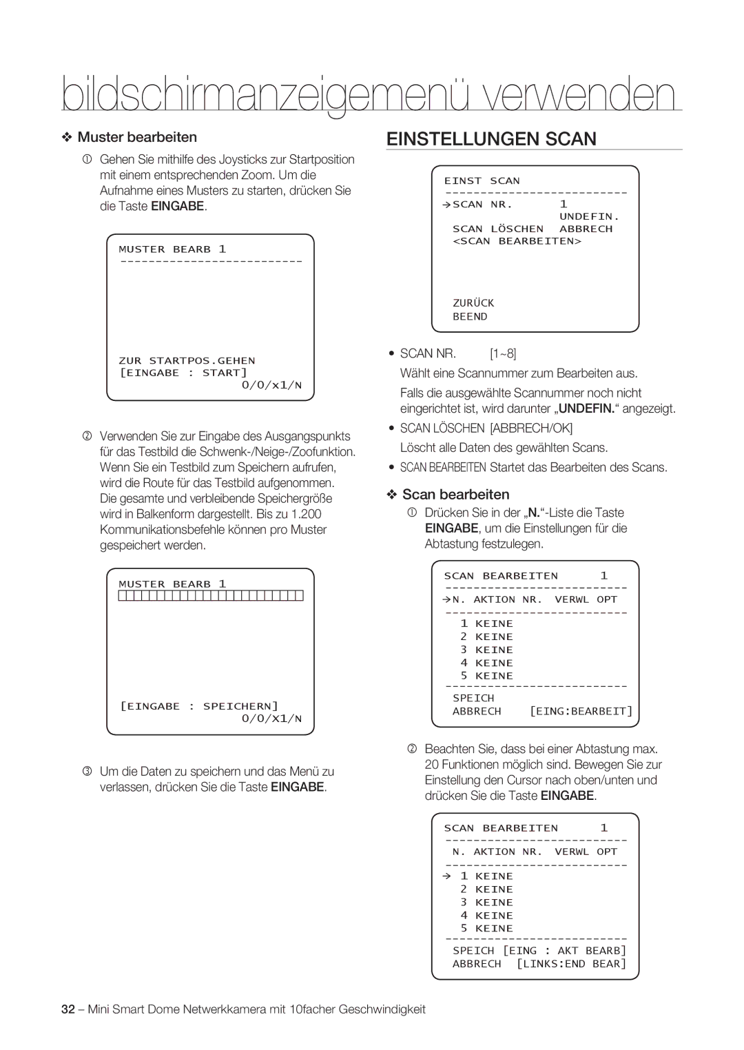 Samsung SNC-C6225P, SNC-C7225P manual Einstellungen Scan, Muster bearbeiten, Scan bearbeiten, Scan NR 