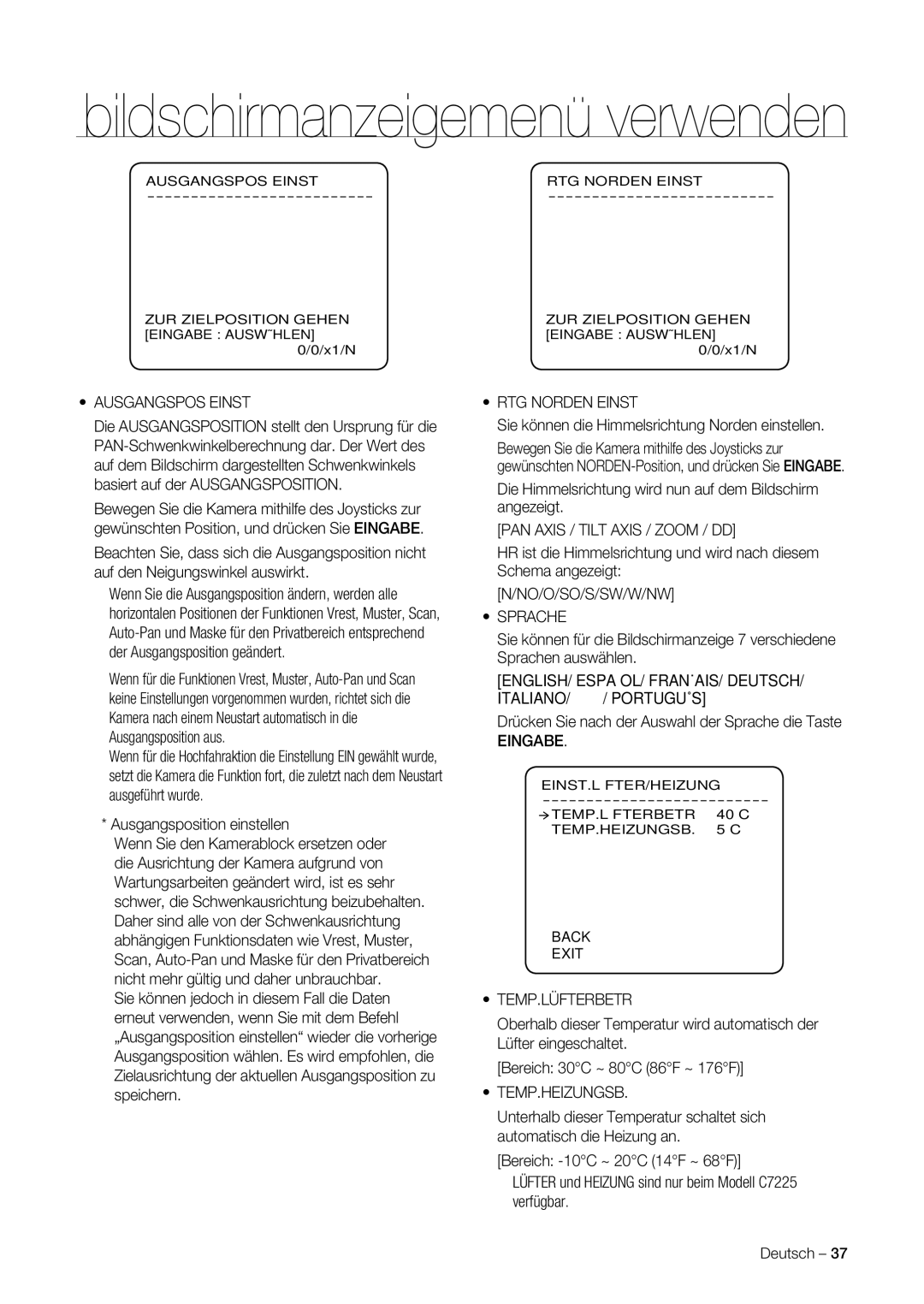 Samsung SNC-C7225P manual Ausgangspos Einst, RTG Norden Einst, PAN Axis / Tilt Axis / Zoom / DD, NO/O/SO/S/SW/W/NW Sprache 