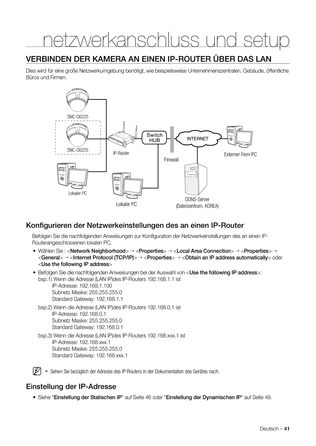 Samsung SNC-C7225P, SNC-C6225P manual Verbinden DER Kamera AN Einen IP-ROUTER Über DAS LAN 