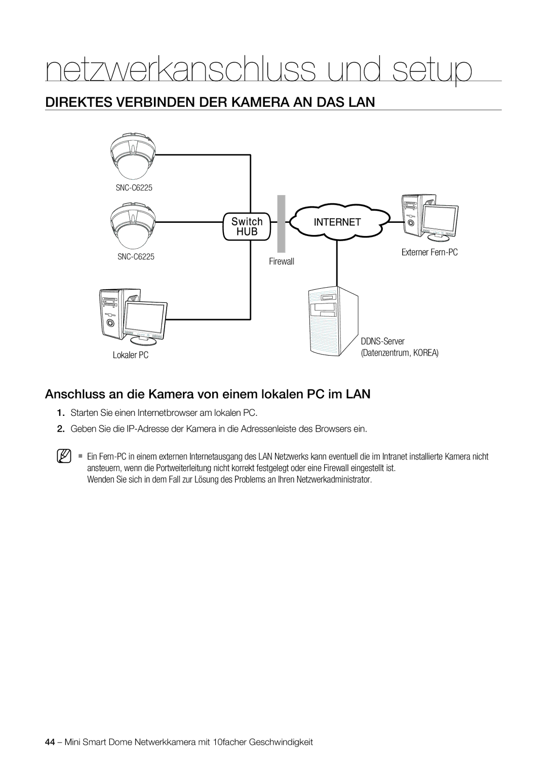 Samsung SNC-C6225P, SNC-C7225P manual Direktes Verbinden DER Kamera AN DAS LAN, Lokaler PC Firewall Externer Fern-PC 