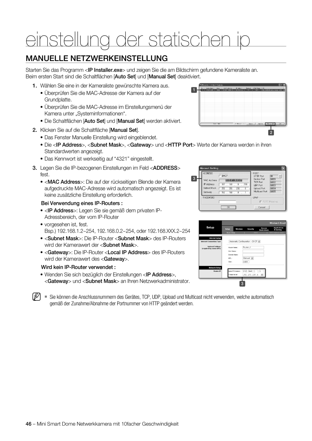 Samsung SNC-C6225P manual Einstellung der statischen ip, Manuelle Netzwerkeinstellung, Kamera unter „Systeminformationen 