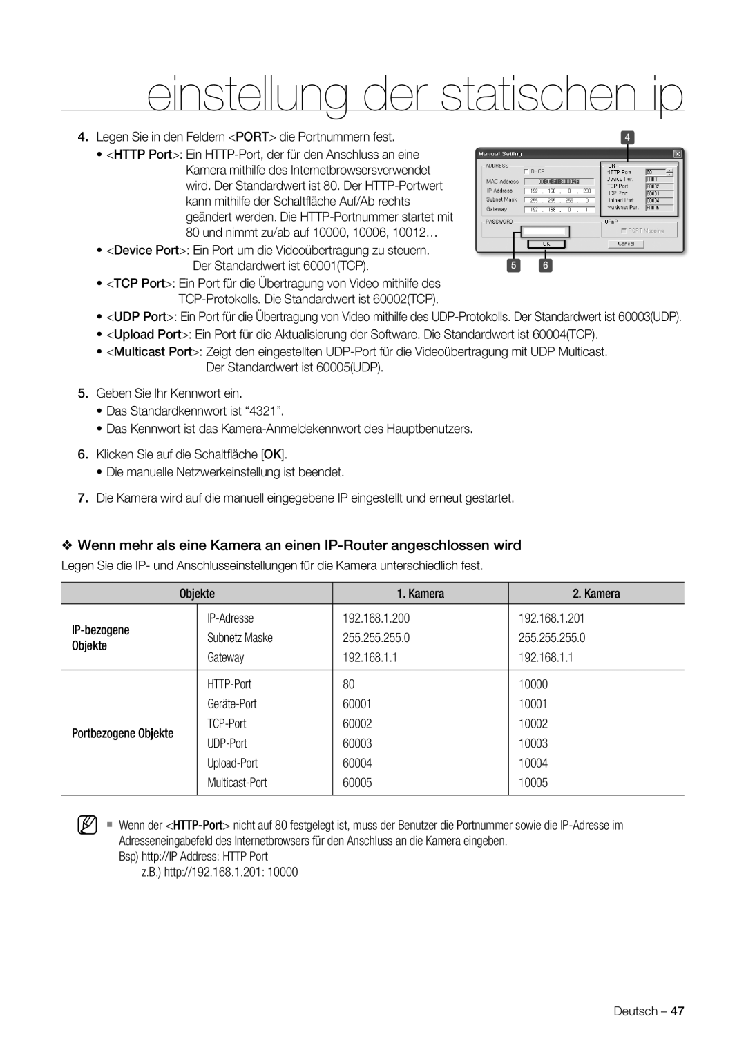 Samsung SNC-C7225P, SNC-C6225P manual Legen Sie in den Feldern Port die Portnummern fest 