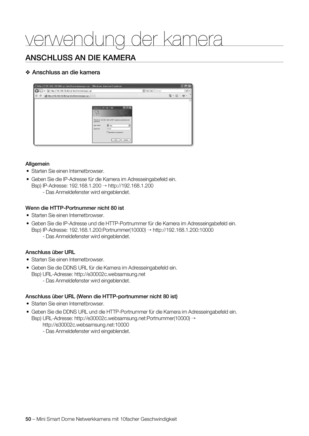 Samsung SNC-C6225P, SNC-C7225P manual Verwendung der kamera, Anschluss AN DIE Kamera, Anschluss an die kamera 