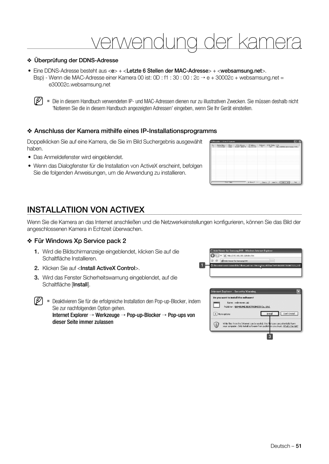 Samsung SNC-C7225P, SNC-C6225P manual Installatiion VON Activex, Für Windows Xp Service pack 