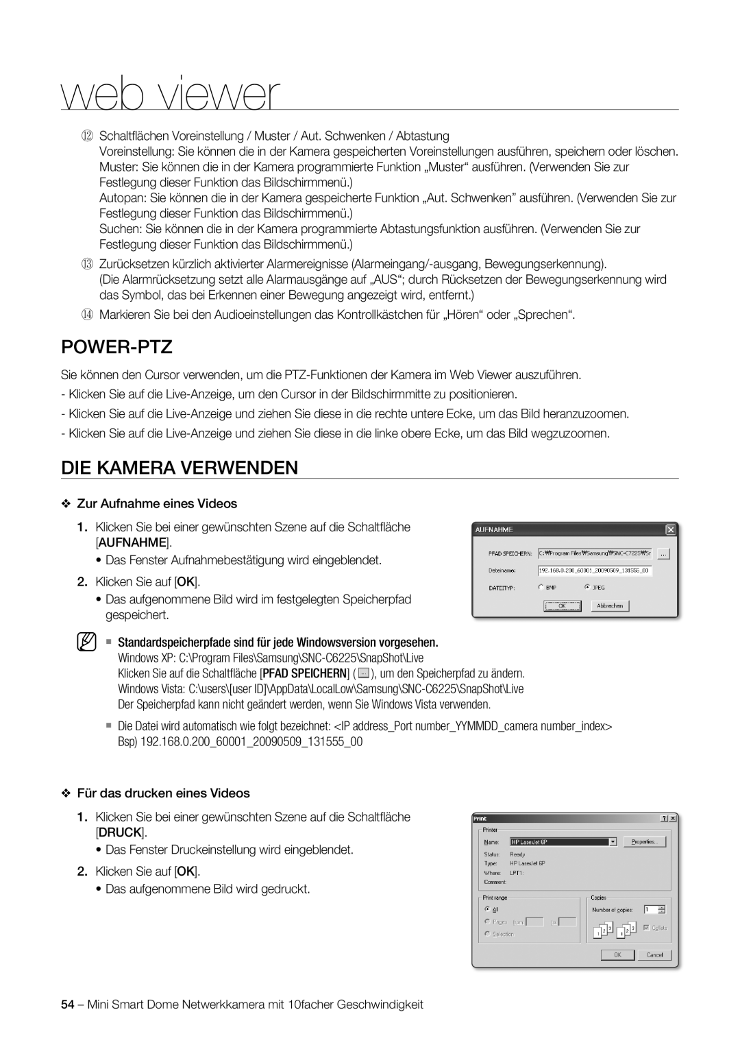 Samsung SNC-C6225P, SNC-C7225P manual Power-Ptz, DIE Kamera Verwenden 