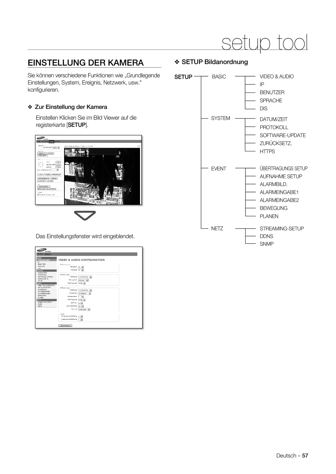 Samsung SNC-C7225P, SNC-C6225P manual Setup tool, Einstellung DER Kamera, Setup Bildanordnung 