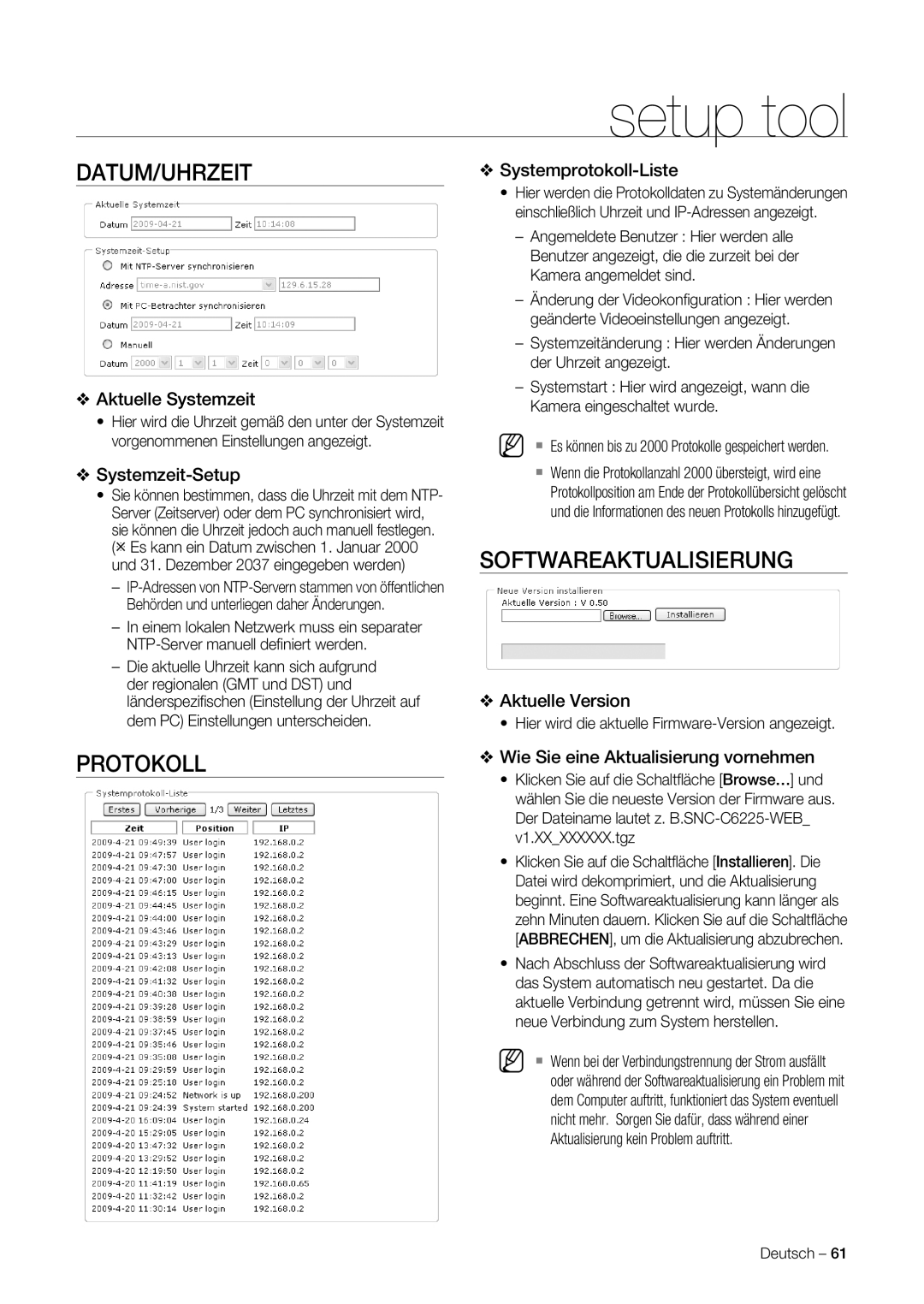 Samsung SNC-C7225P, SNC-C6225P manual Datum/Uhrzeit, Protokoll, Softwareaktualisierung 