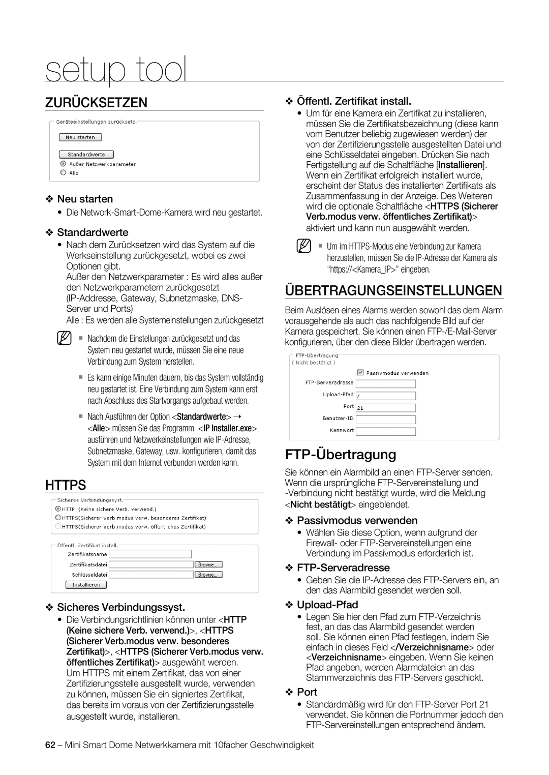 Samsung SNC-C6225P, SNC-C7225P manual Zurücksetzen, Https, Übertragungseinstellungen 