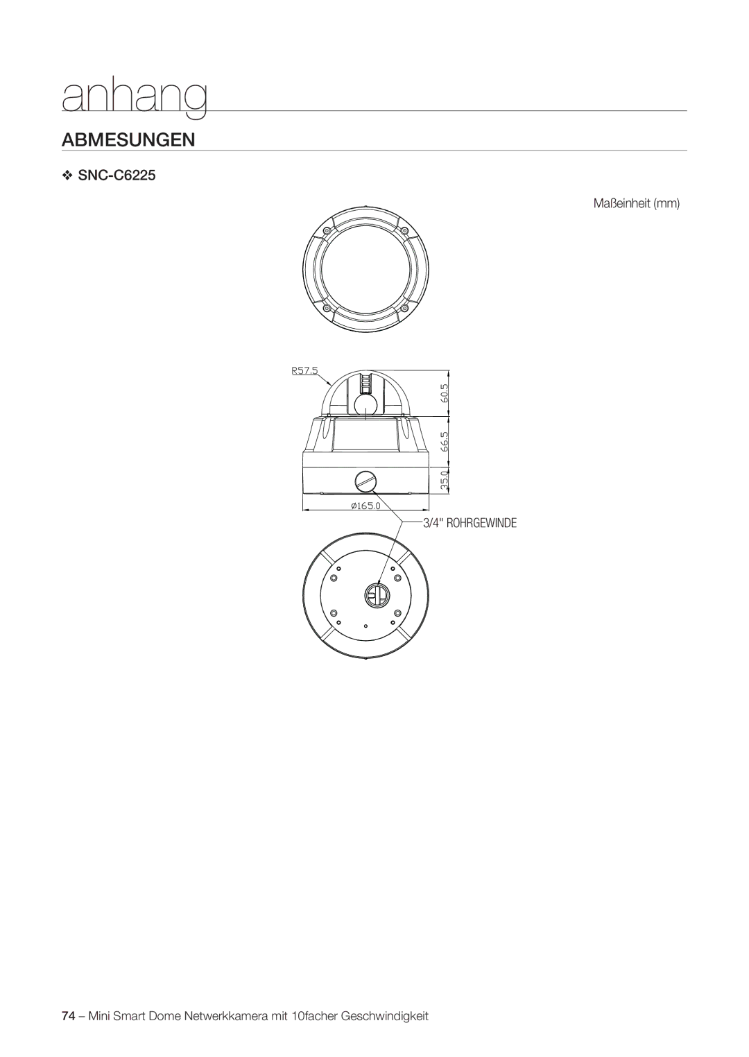 Samsung SNC-C6225P, SNC-C7225P manual Abmesungen, Maßeinheit mm, Rohrgewinde 