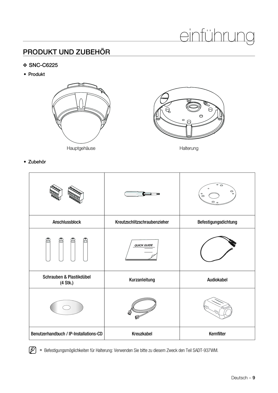 Samsung SNC-C7225P, SNC-C6225P manual Produkt UND Zubehör, Produkt Hauptgehäuse Halterung Zubehör 