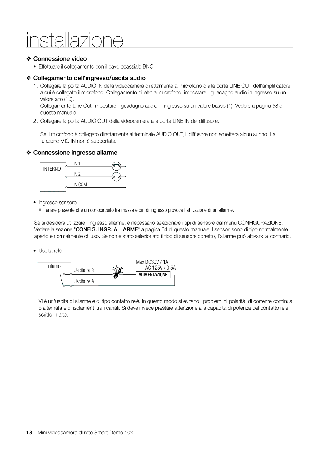 Samsung SNC-C6225P manual Connessione video, Collegamento dellingresso/uscita audio, Connessione ingresso allarme, Interno 