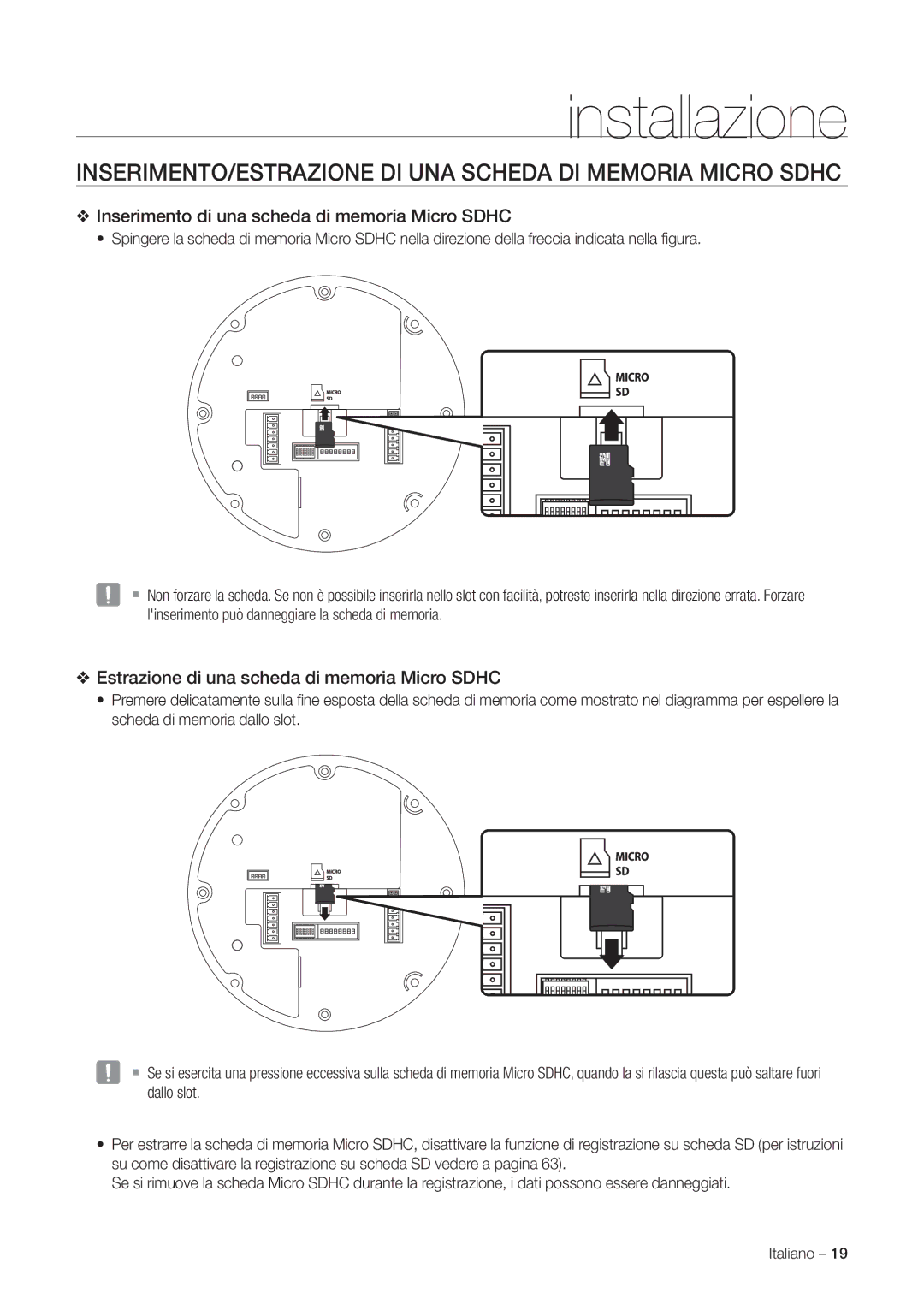 Samsung SNC-C7225P, SNC-C6225P manual INSERIMENTO/ESTRAZIONE DI UNA Scheda DI Memoria Micro Sdhc 