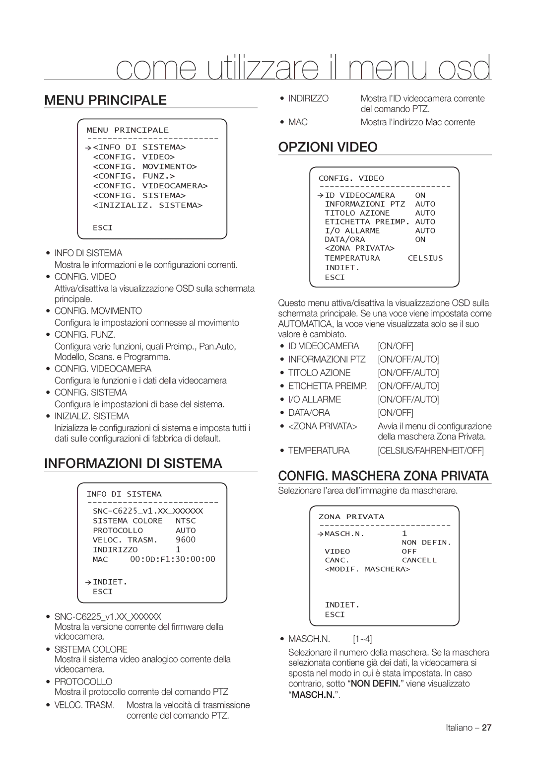Samsung SNC-C7225P, SNC-C6225P manual Menu Principale, Informazioni DI Sistema, Opzioni Video, CONFIG. Maschera Zona Privata 