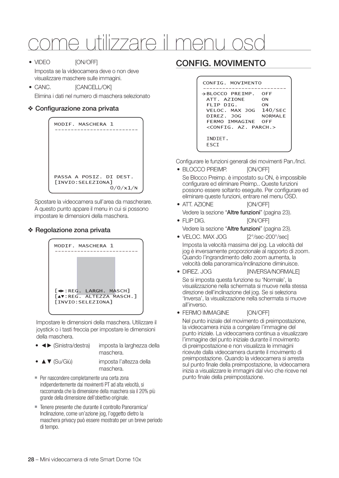 Samsung SNC-C6225P, SNC-C7225P manual CONFIG. Movimento, Conﬁgurazione zona privata, Regolazione zona privata 