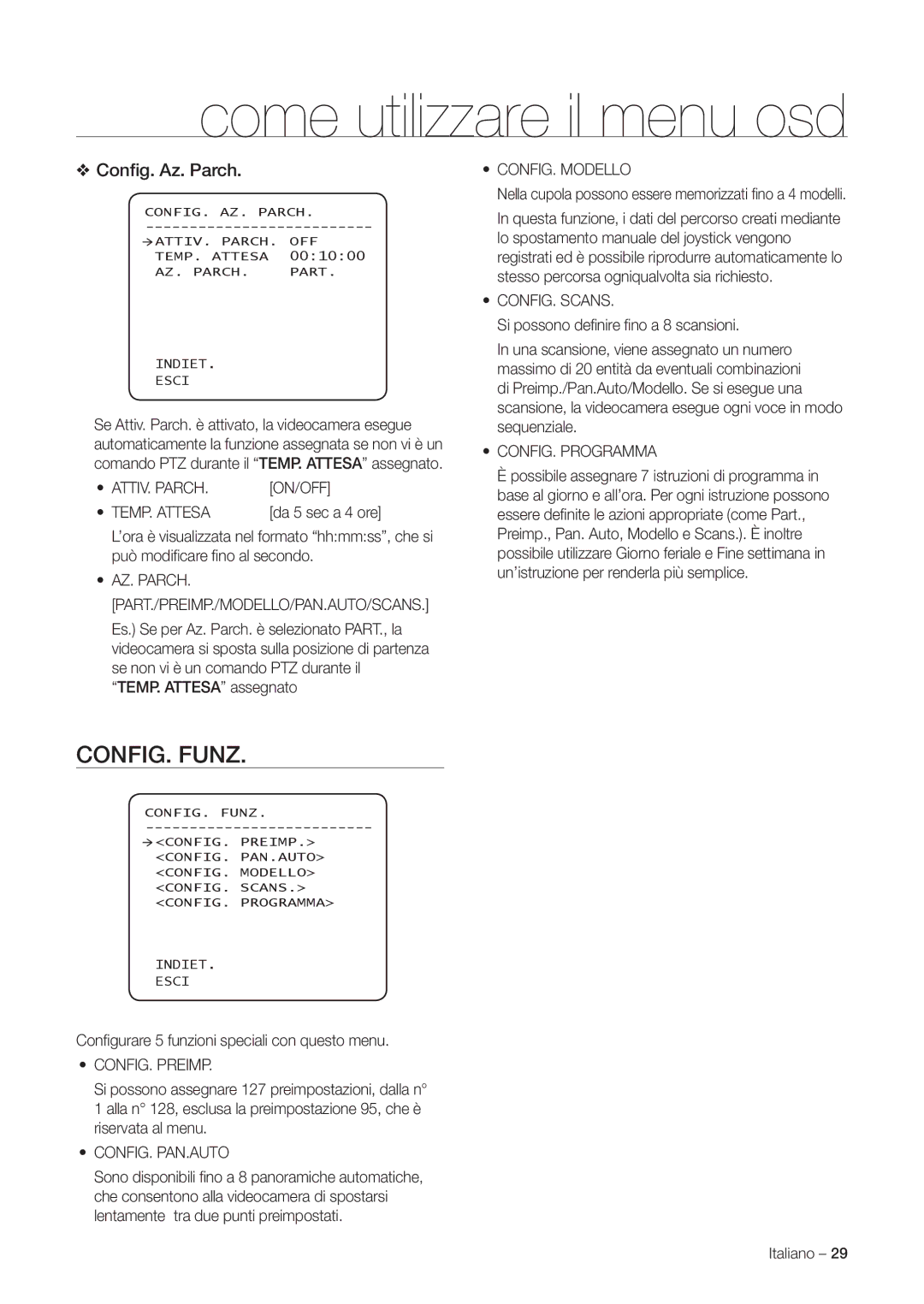 Samsung SNC-C7225P, SNC-C6225P manual CONFIG. Funz, Conﬁg. Az. Parch 